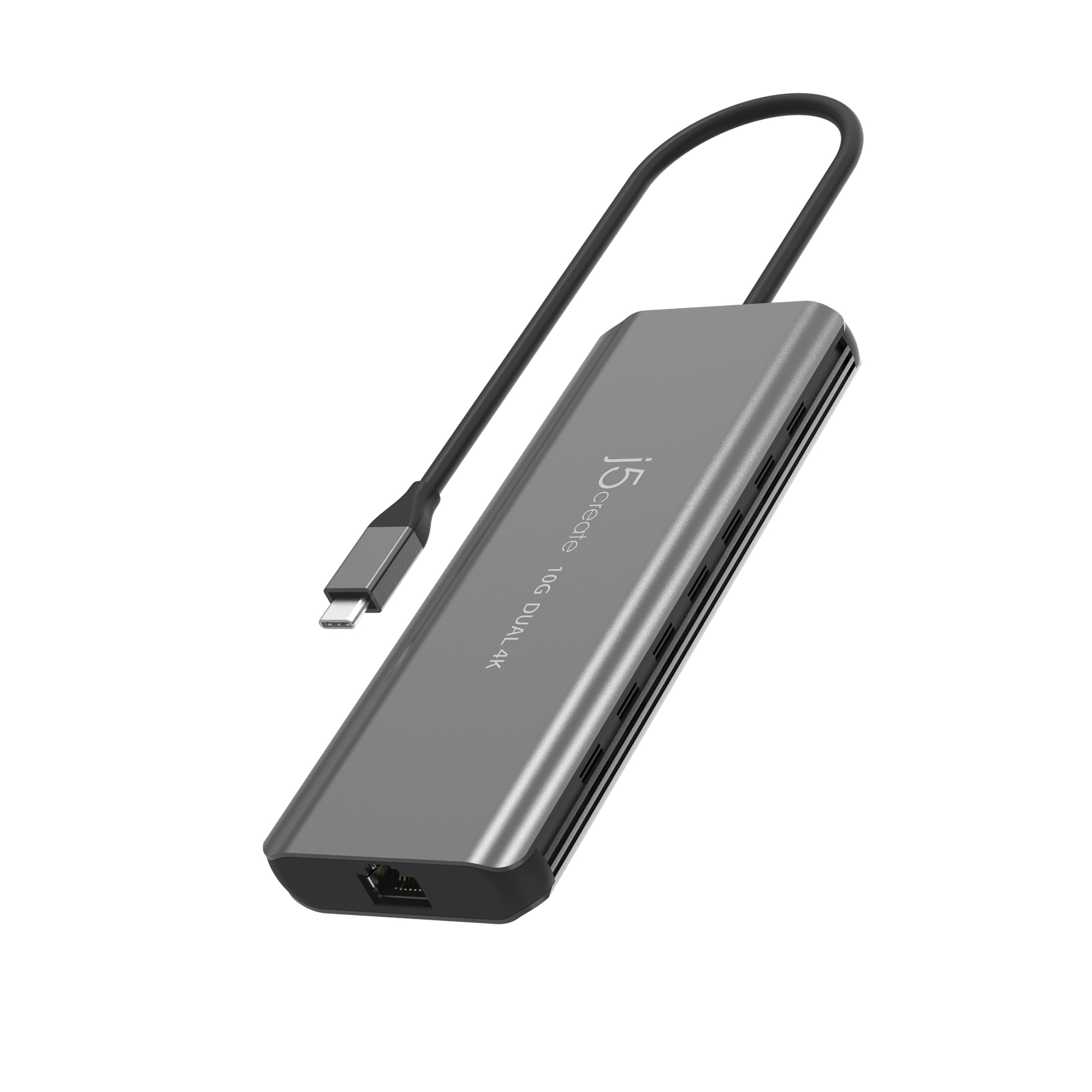 Ein grauer USB-C-Hub mit schwarzem Kabel. Er hat mehrere Anschlüsse und den Markennamen "j5create 10G DUAL 4K".