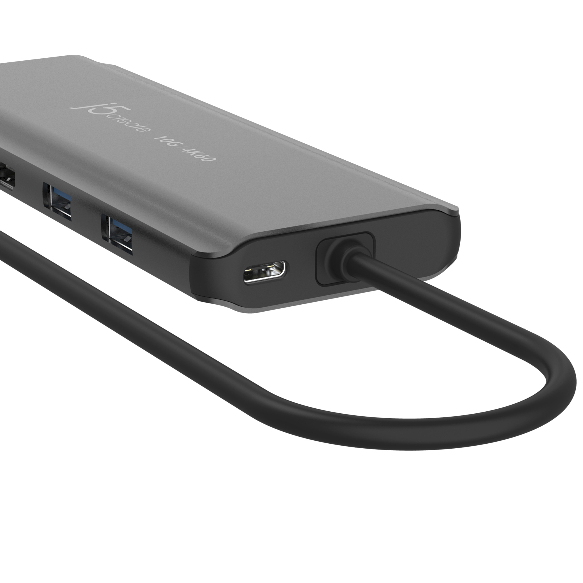 Ein grauer USB-Hub mit einem schwarzen Kabel. Er hat mehrere Anschlüsse und der Markenname ist sichtbar.