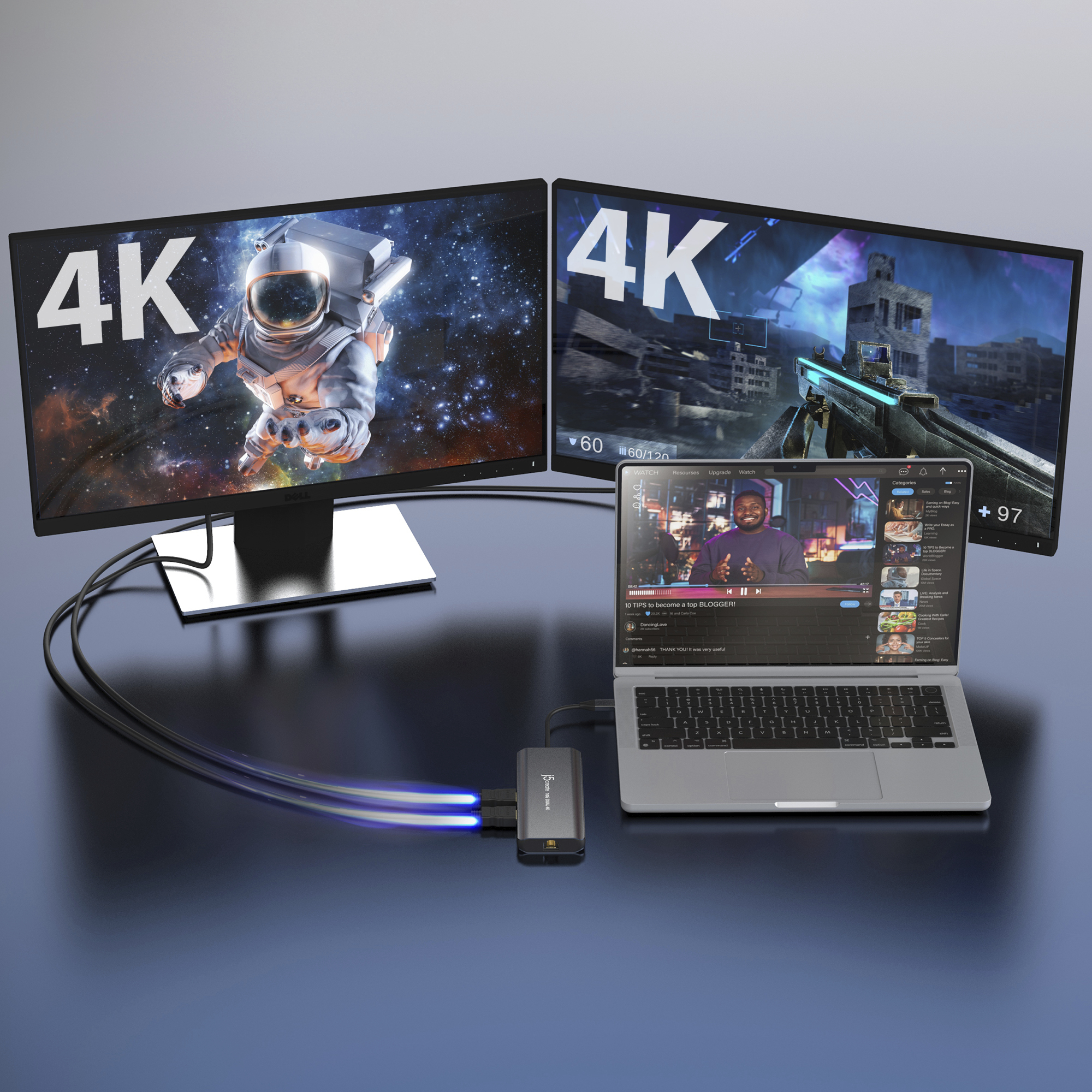 Zwei 4K-Monitore, einer mit einem Astronauten, der andere mit einem Spiel. Ein Laptop ist ebenfalls vorhanden und zeigt ein Video.