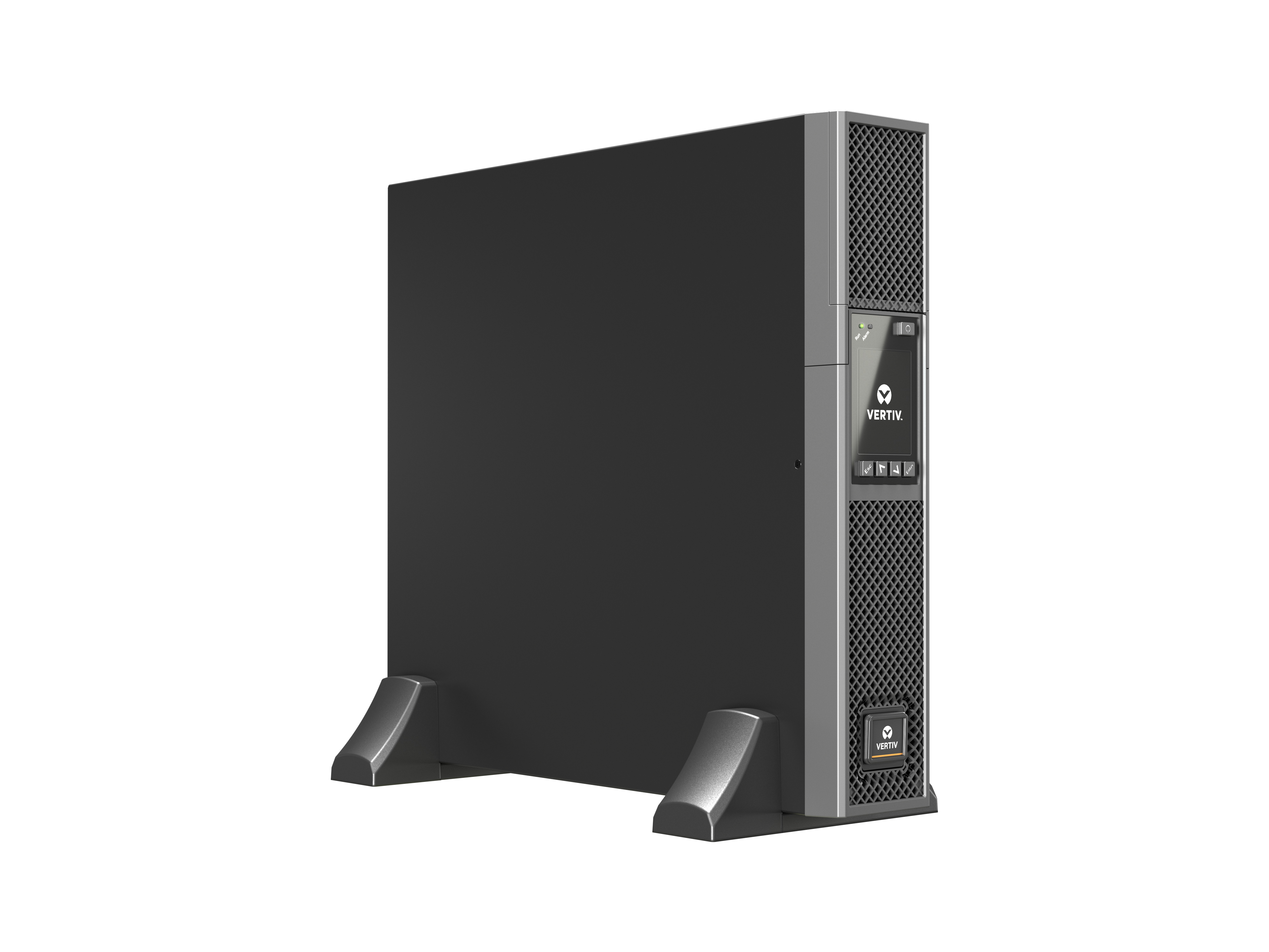 Un dispositivo UPS Vertiv negro, de pie. Tiene una pantalla y un panel lateral similar a una malla. El dispositivo está sobre un fondo blanco.