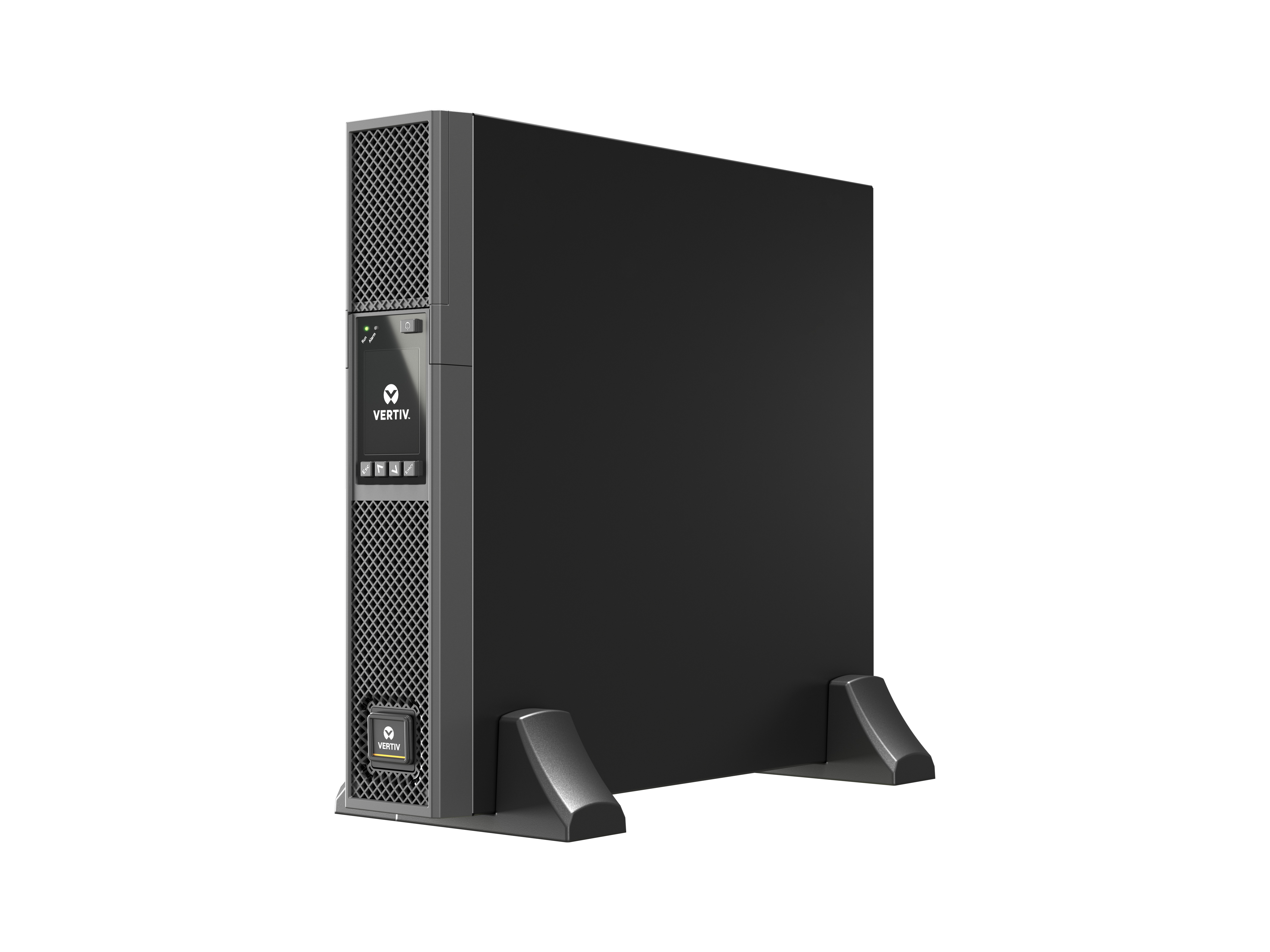 Un dispositivo UPS Vertiv negro. Tiene una parte frontal de malla, una pantalla y está soportado por dos soportes grises.