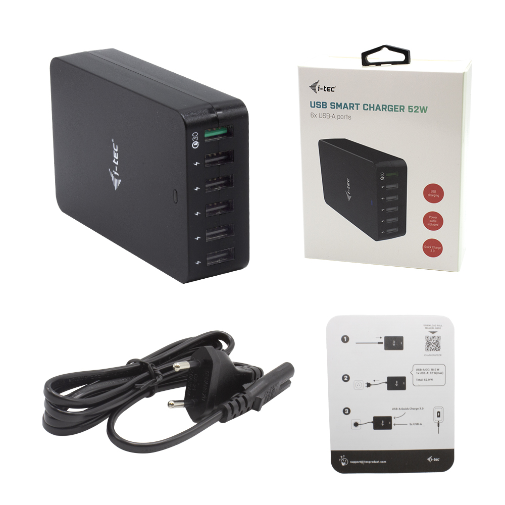 Schwarzes USB-Ladegerät mit 6 Anschlüssen, Box und Netzkabel. Das Ladegerät hat das 'i-tec' Logo. Die Box zeigt Produktdetails.