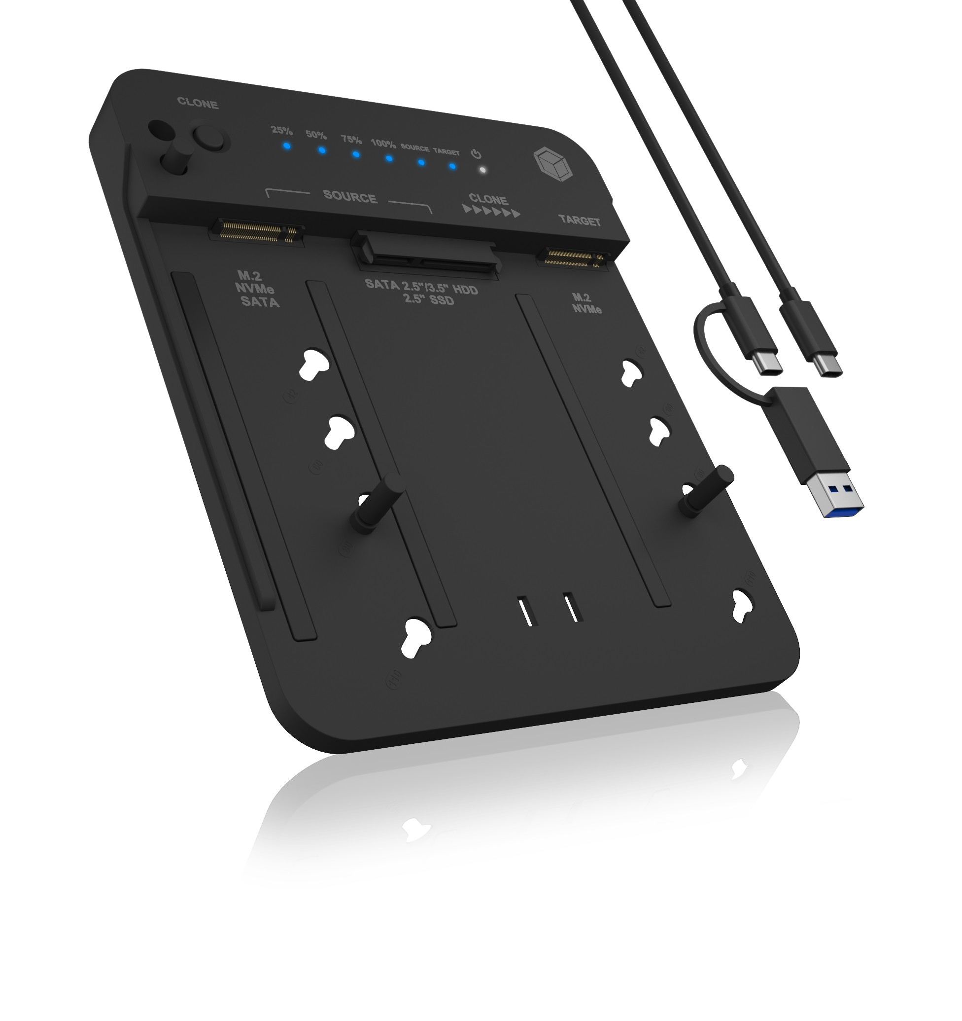 Schwarzes Klon-Gerät mit Kabeln. Es hat M.2-, SATA- und USB-Anschlüsse. Blaue Lichter zeigen den Fortschritt an.
