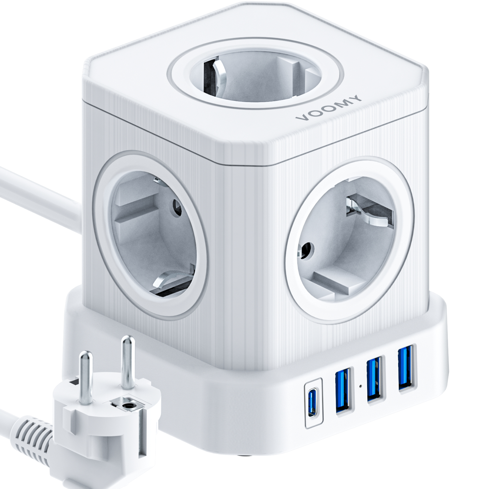 Biała kostka zasilająca z wieloma gniazdami, portami USB i wtyczką. Marka to 'VOOMY'.