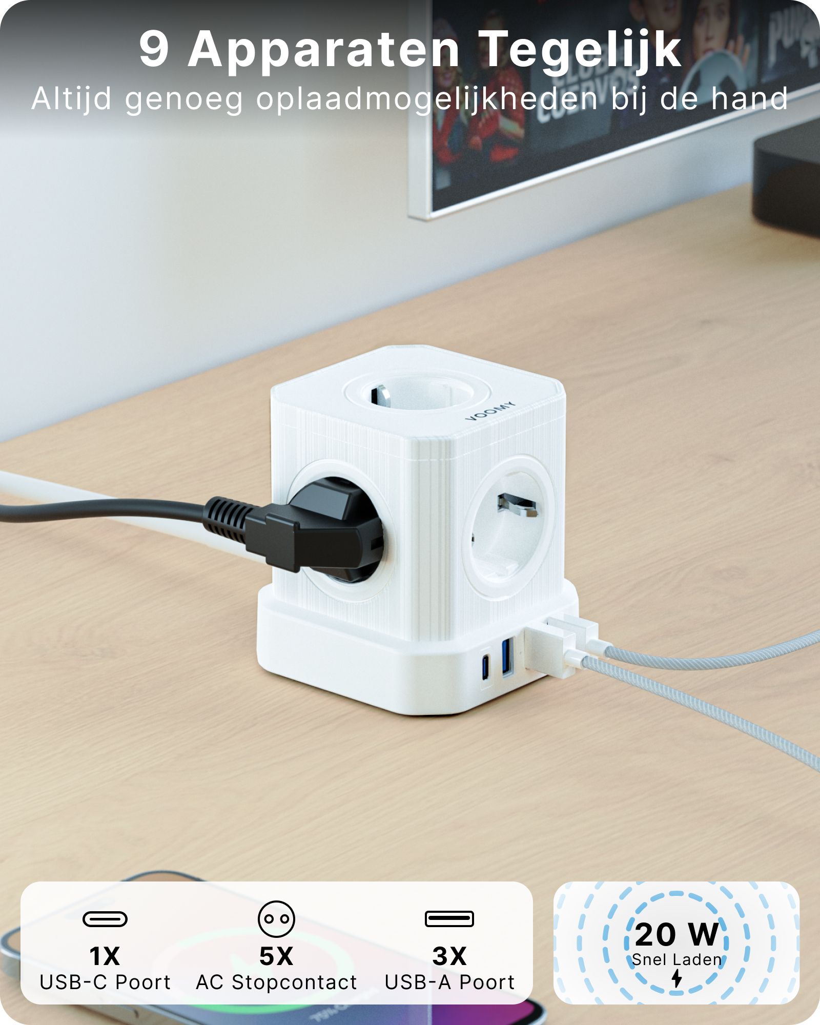 Biała kostka z wieloma gniazdami i portami USB, podłączona. Tekst wyświetla możliwości ładowania.