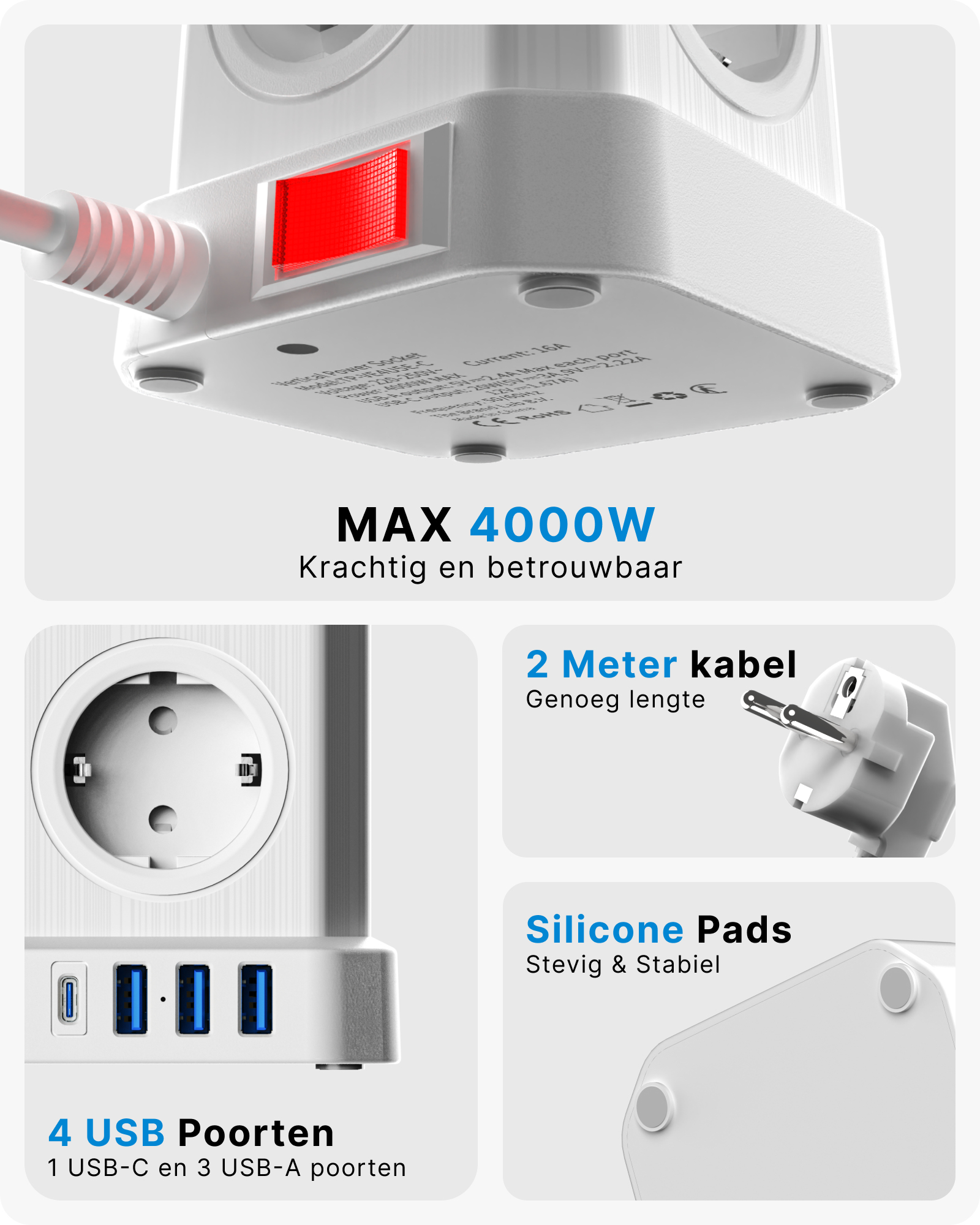 Biały przedłużacz z czerwonym przyciskiem zasilania. Ma porty USB, wtyczkę i kabel o długości 2 metrów. Etykieta MAX 4000W.
