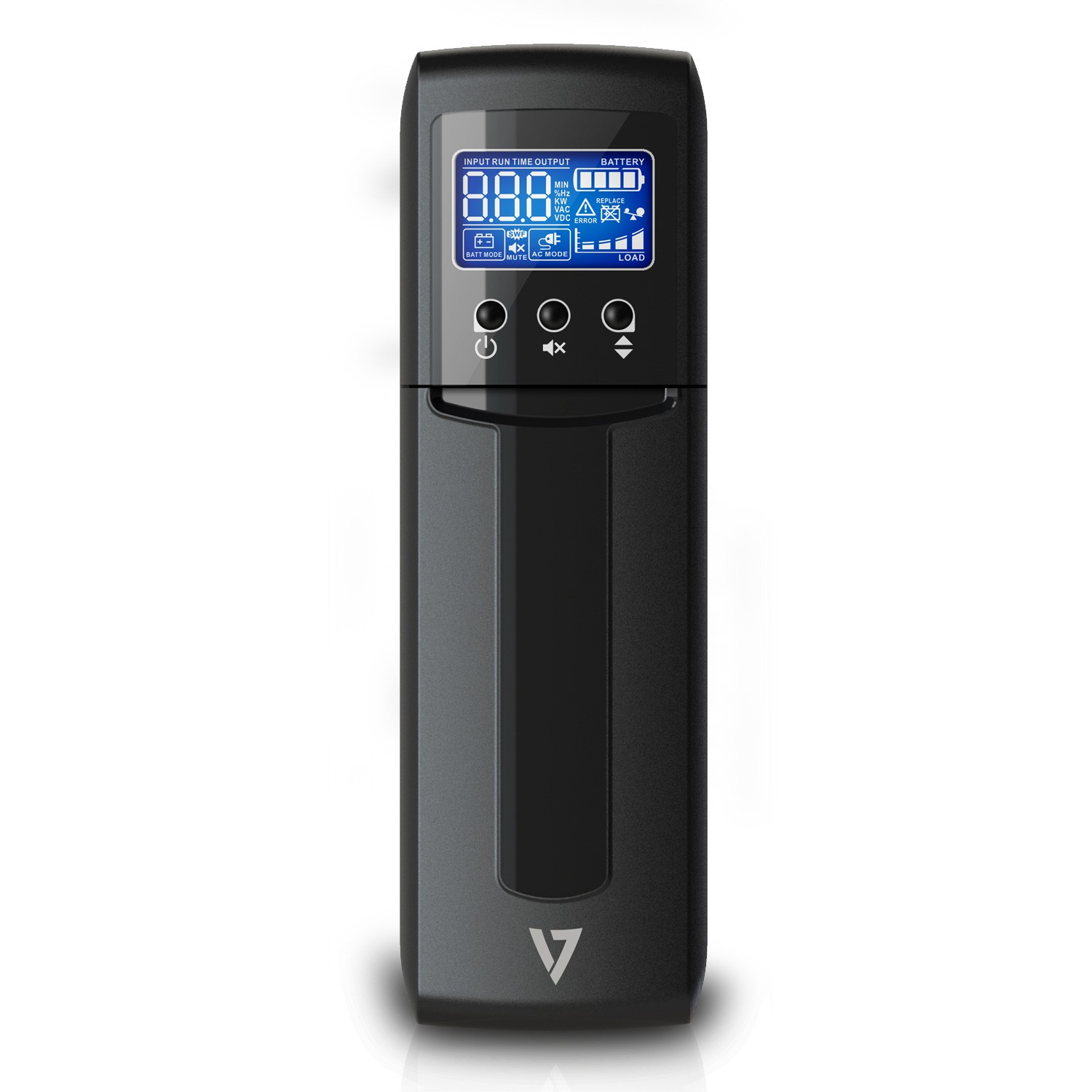 Dispositivo UPS negro con pantalla azul que muestra números e iconos de estado de batería. Incluye botones y un logotipo.