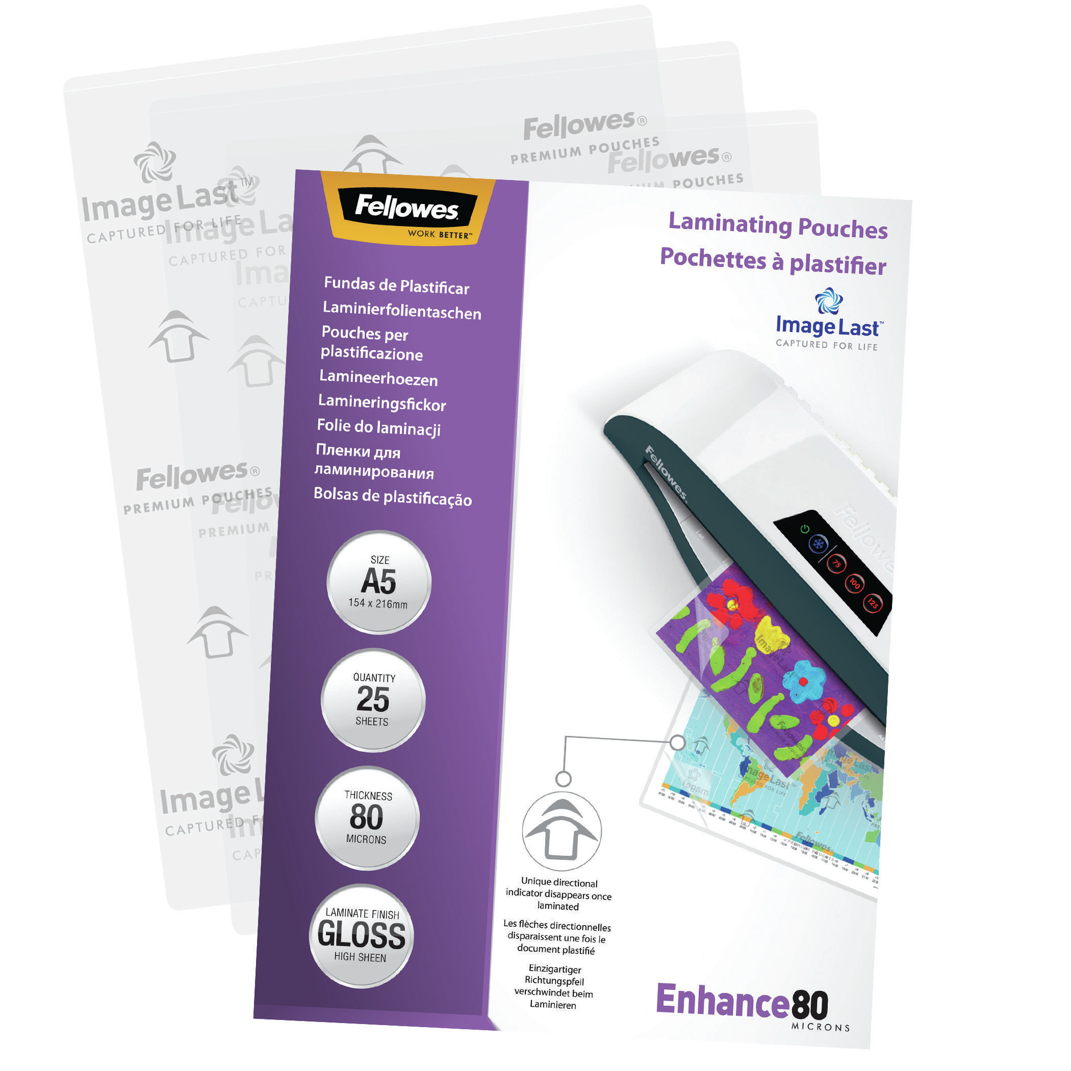Verpackung mit Laminierfolien und Produktdetails. Zeigt die Marke Fellowes, Größe und Menge. Enthält auch Laminator und laminiertes Bild.