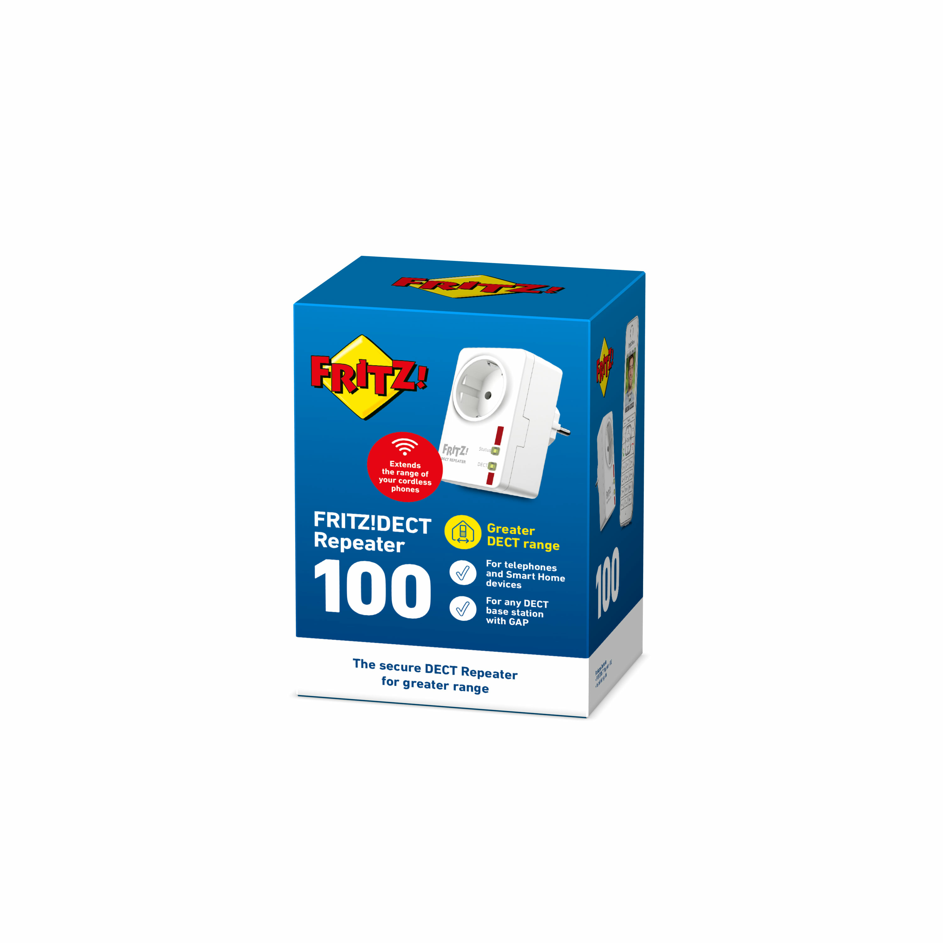 Una caja azul con un dispositivo enchufable blanco. Tiene la marca FRITZ!, con texto sobre un repetidor DECT.