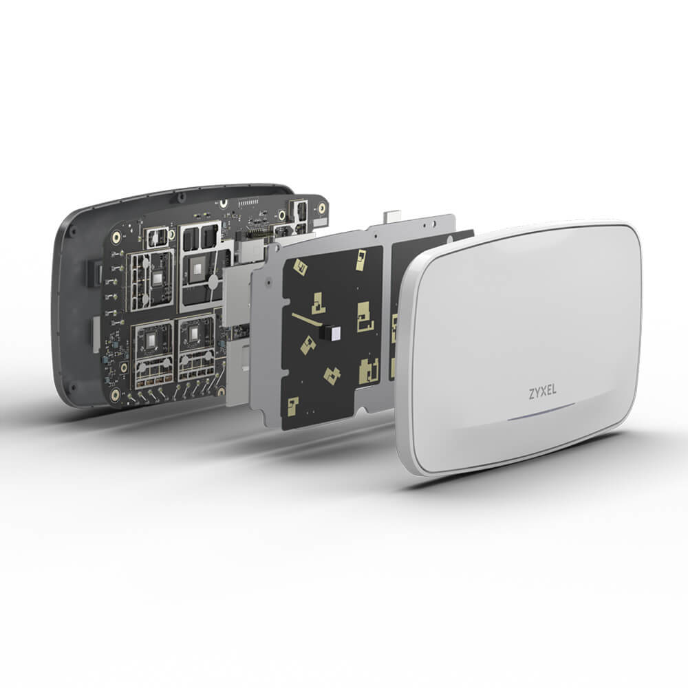 Widok rozłożony routera Zyxel, pokazujący elementy wewnętrzne. Białe, szare i czarne części są rozdzielone, ukazując płytki drukowane.