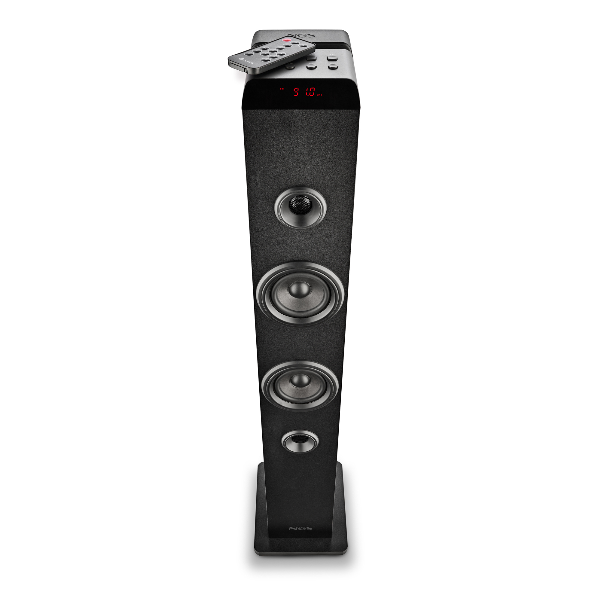 Altavoz negro alto con mando a distancia, tres altavoces y una pantalla que muestra 91.0.