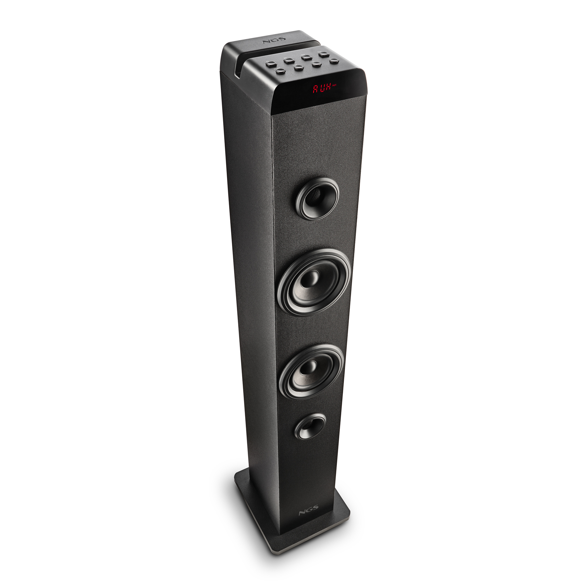 Un altavoz negro alto con varios altavoces. Tiene una pantalla que muestra 'AUX'. El altavoz está sobre un fondo blanco.