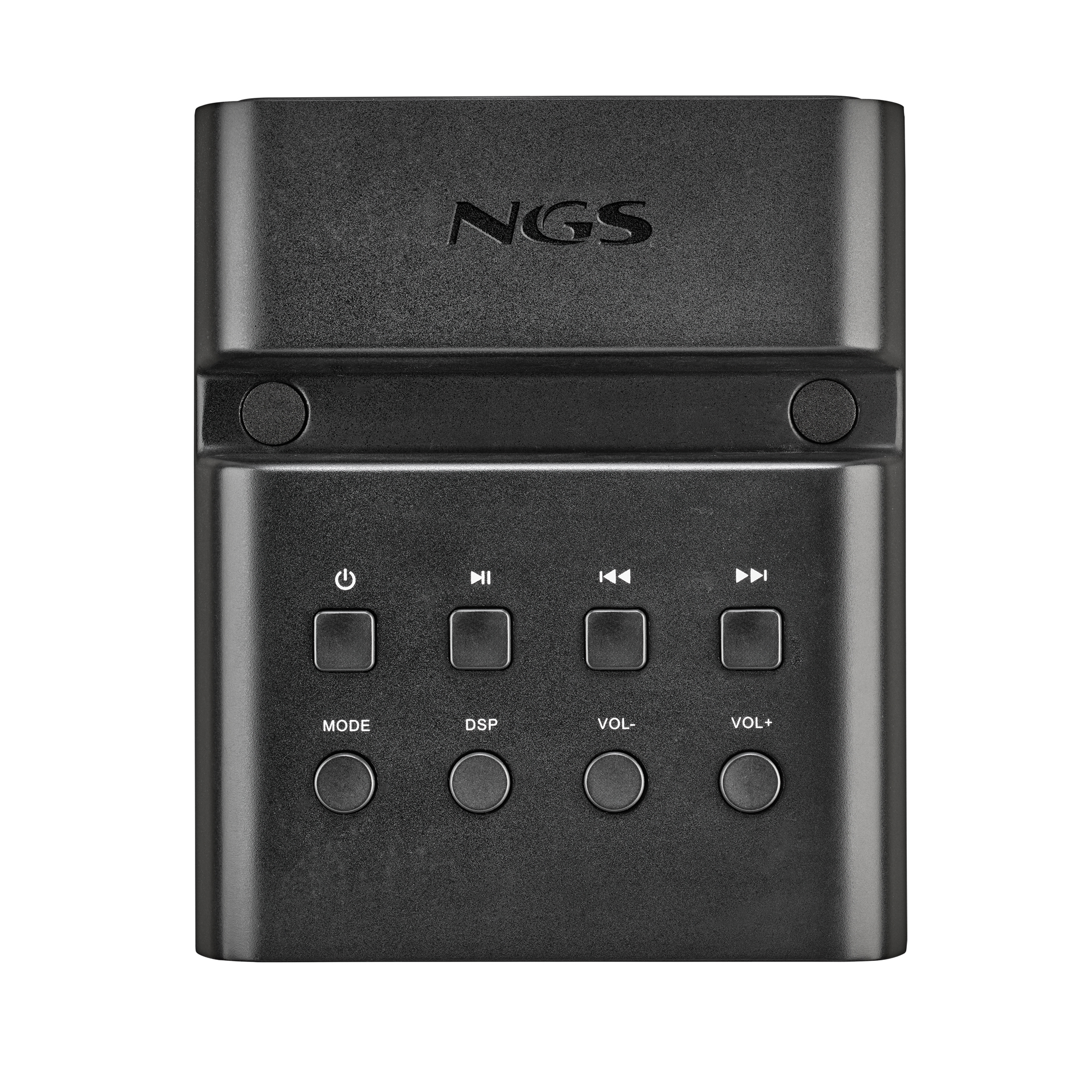 Dispositivo de audio negro con botones: encendido, reproducción, salto, volumen. Logotipo NGS arriba. Botones para modo, DSP, control de volumen.