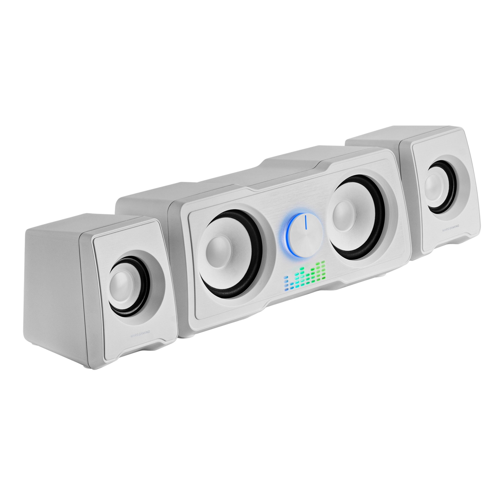 Conjunto de altavoces de ordenador blancos con dos altavoces pequeños a cada lado del altavoz principal.