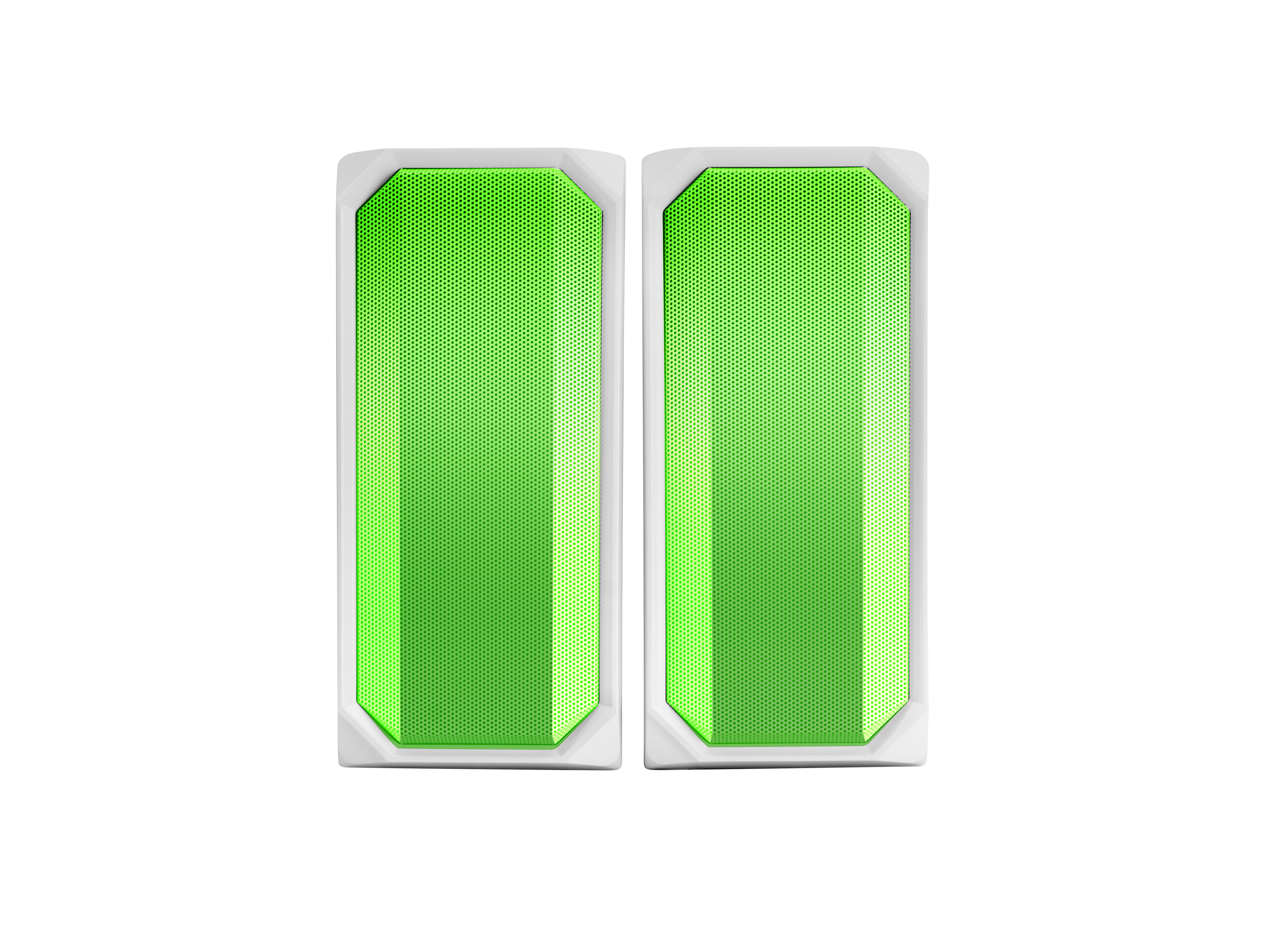 Dos altavoces verticales con malla verde y marcos blancos sobre fondo blanco.