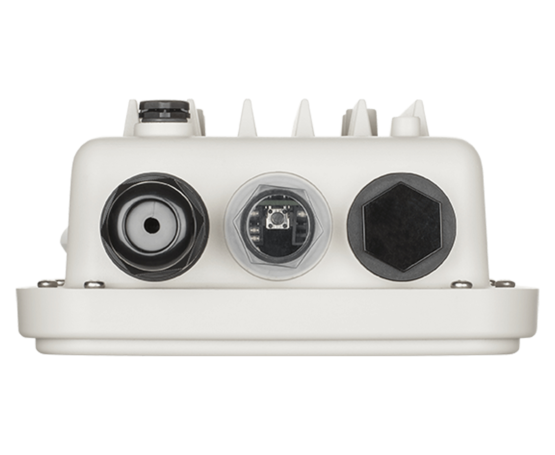 Białe urządzenie z trzema okrągłymi portami. Czarna nasadka na górze. Sześciokątne i okrągłe kształty są widoczne z przodu.