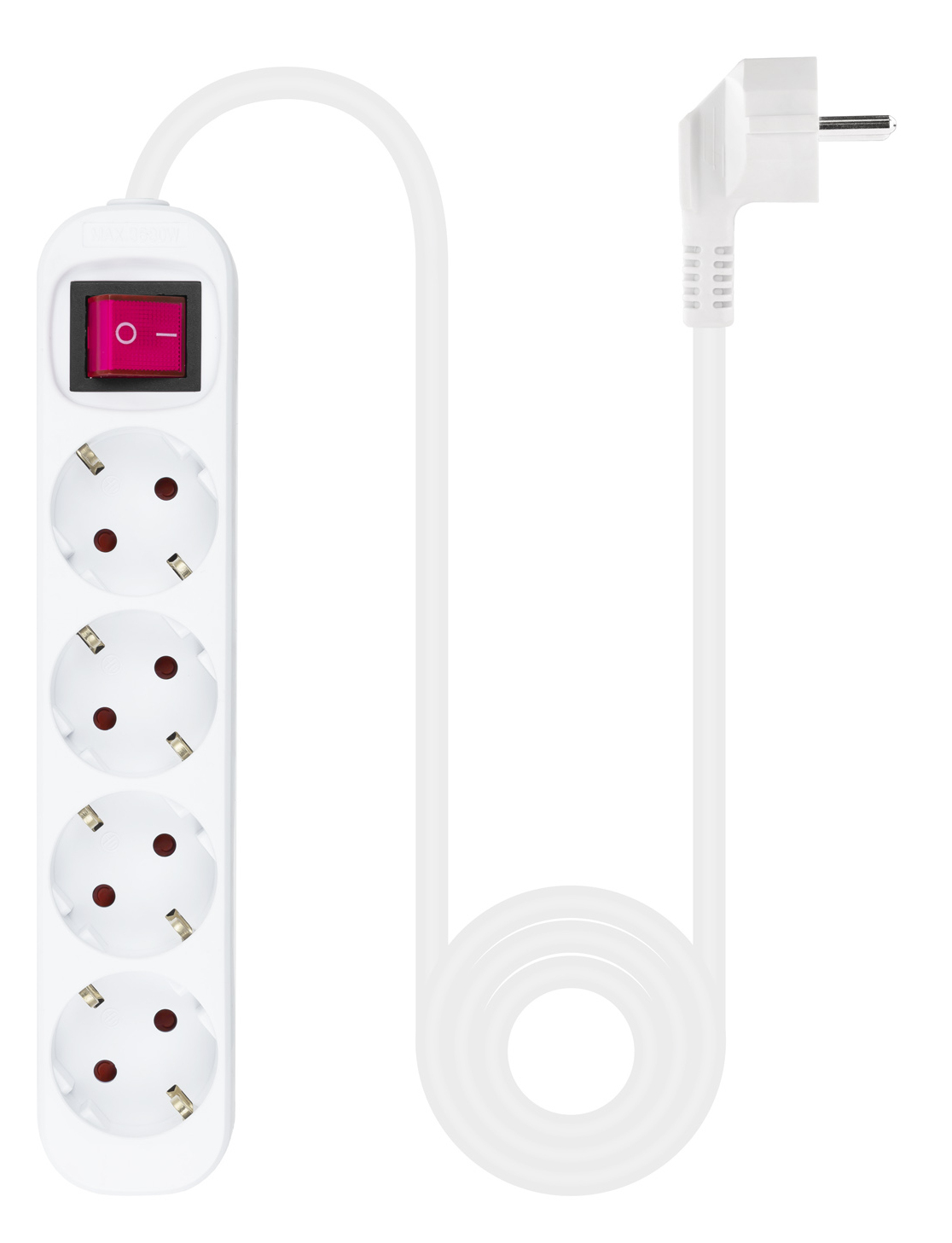 Biała listwa zasilająca z czterema gniazdami, czerwonym włącznikiem/wyłącznikiem i zwiniętym białym kablem.