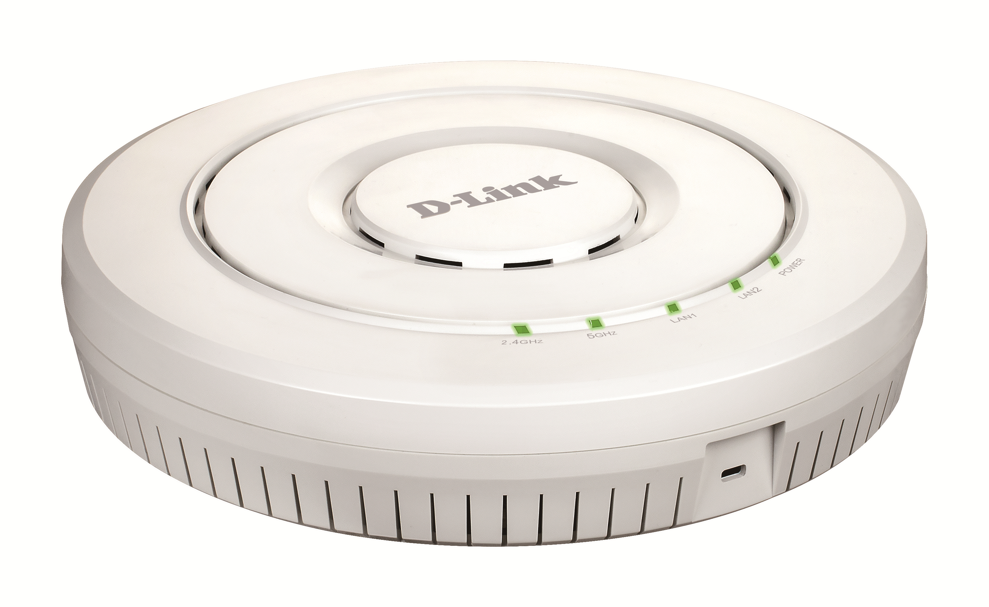 Un punto de acceso inalámbrico D-Link blanco. Es redondo con luces indicadoras, la marca en la parte superior y ventilaciones laterales.