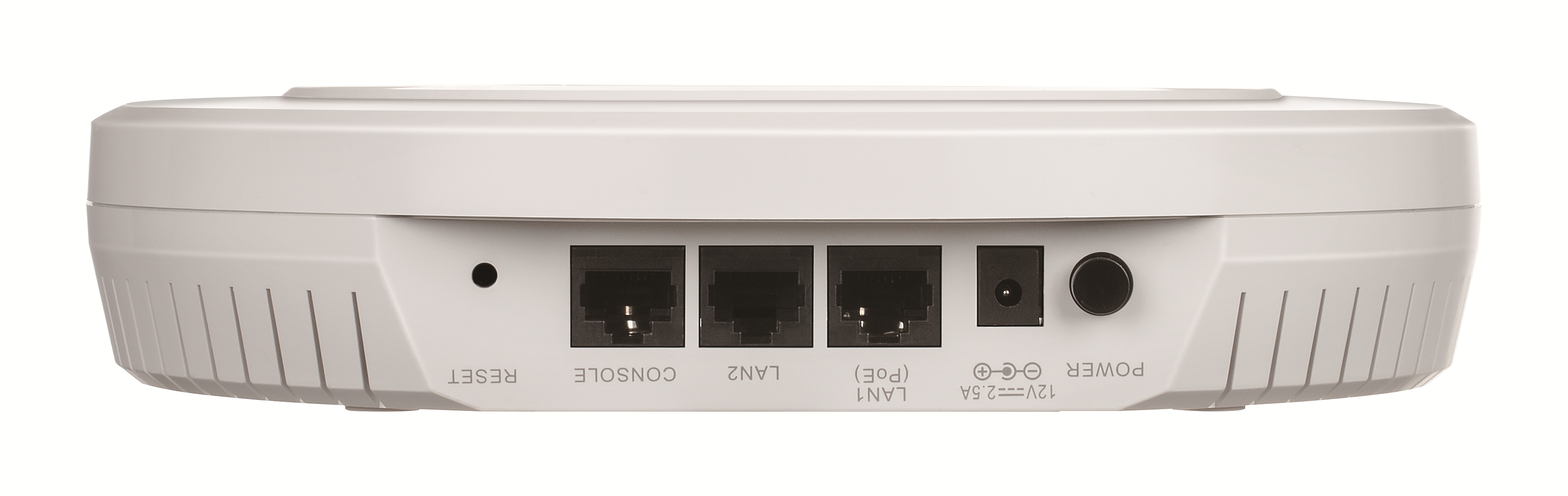 Un dispositivo blanco y redondo con puertos etiquetados como 'RESET', 'CONSOLE', 'LAN2', 'LAN1', 'POWER' y una entrada de alimentación.