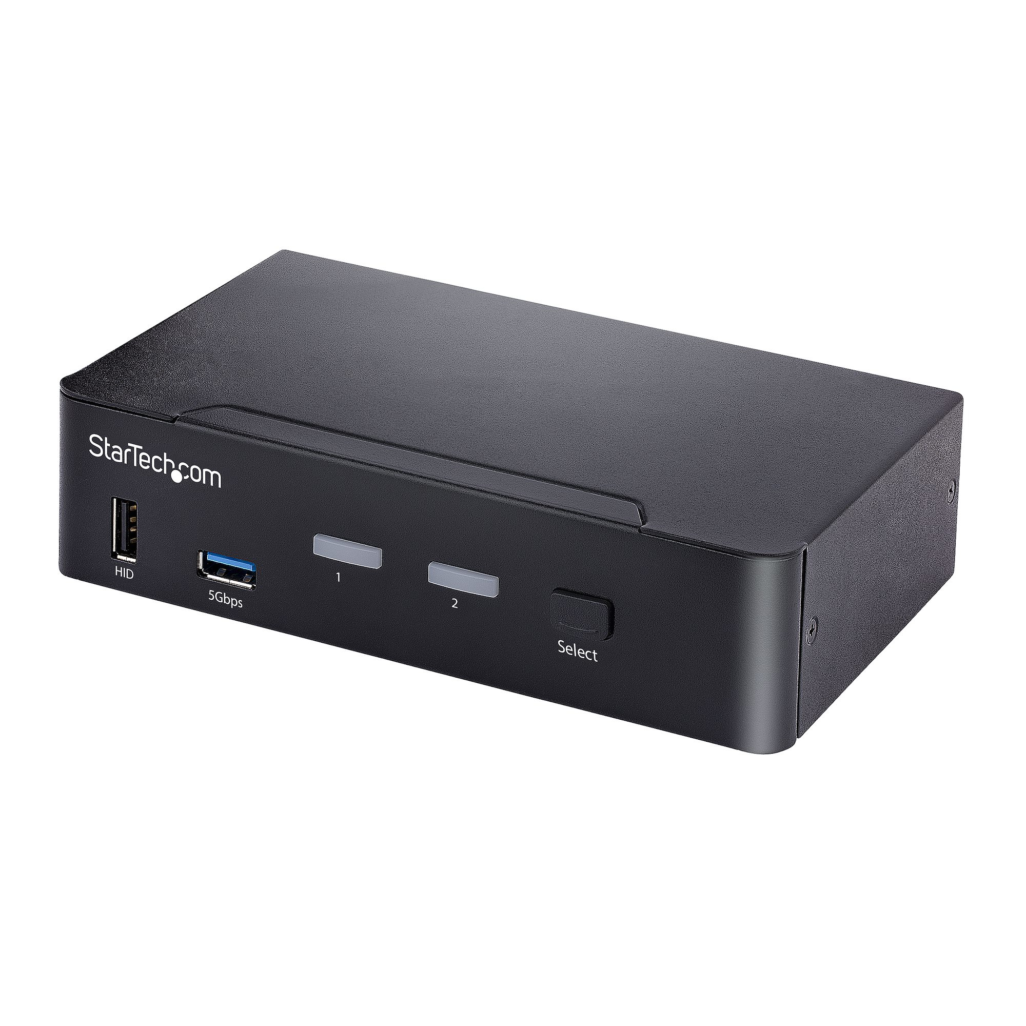 Ein schwarzes StarTech.com-Gerät mit mehreren Anschlüssen. Es hat Tasten mit den Bezeichnungen 1, 2 und Auswählen sowie USB- und HID-Anschlüsse.