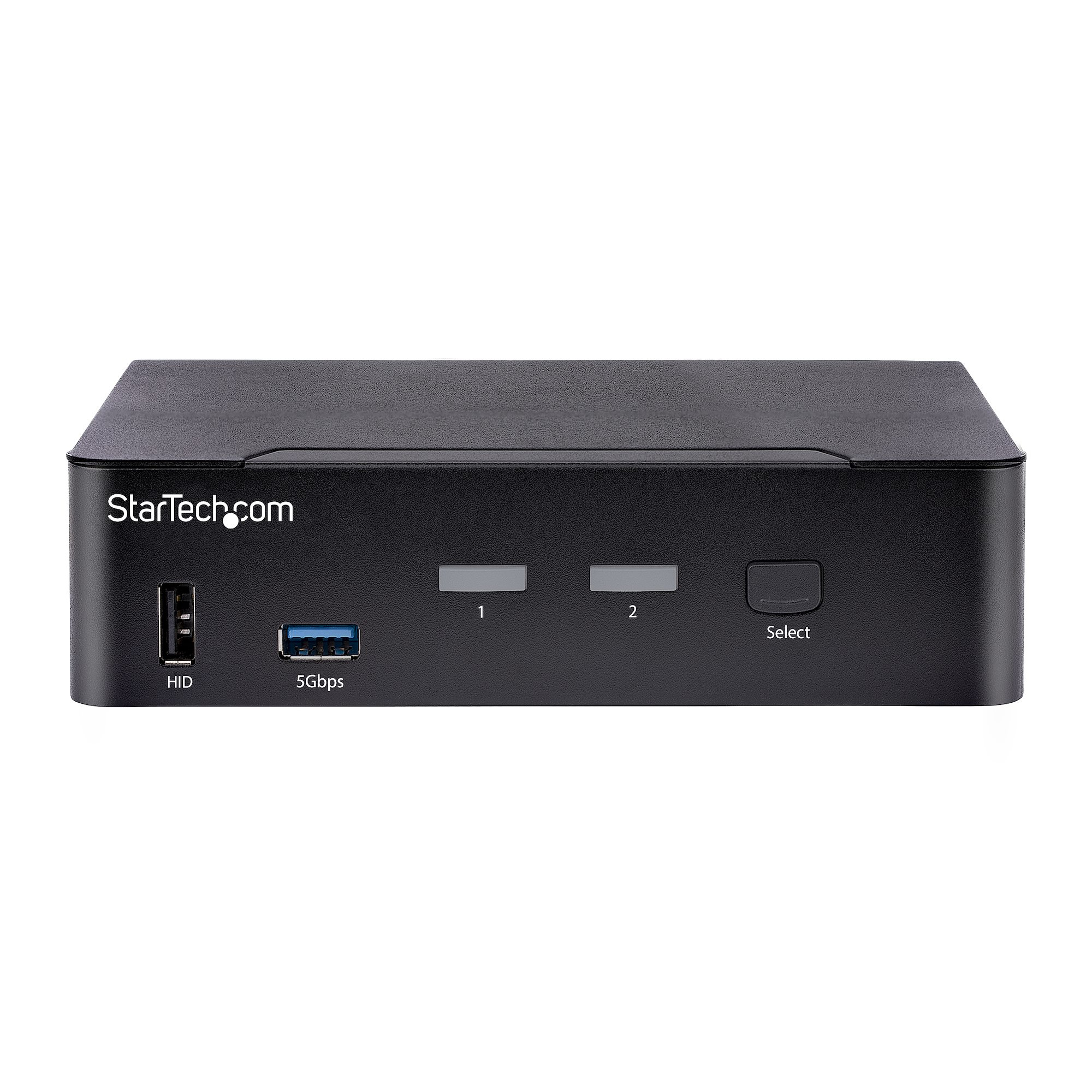 Schwarzes StarTech.com-Gerät mit USB- und Eingangsanschlüssen. Die Nummern 1 und 2 befinden sich auf der Vorderseite, zusammen mit einer Auswahltaste.