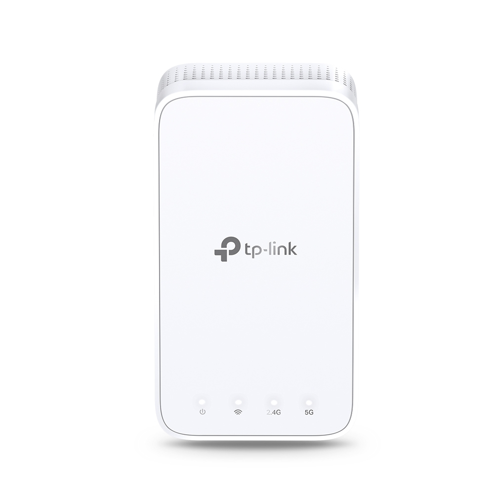 Un enrutador TP-Link blanco. Tiene un botón de encendido, un símbolo de Wi-Fi e indicadores de 2.4G y 5G. El logotipo está en el centro.