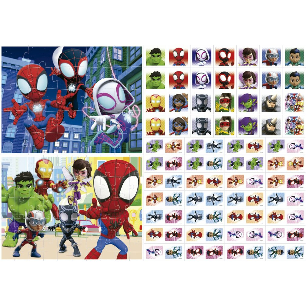 Puzzle z postaciami Spider-Mana. Zawiera złożone puzzle i pojedyncze elementy z różnymi bohaterami, takimi jak Hulk i Iron Man.