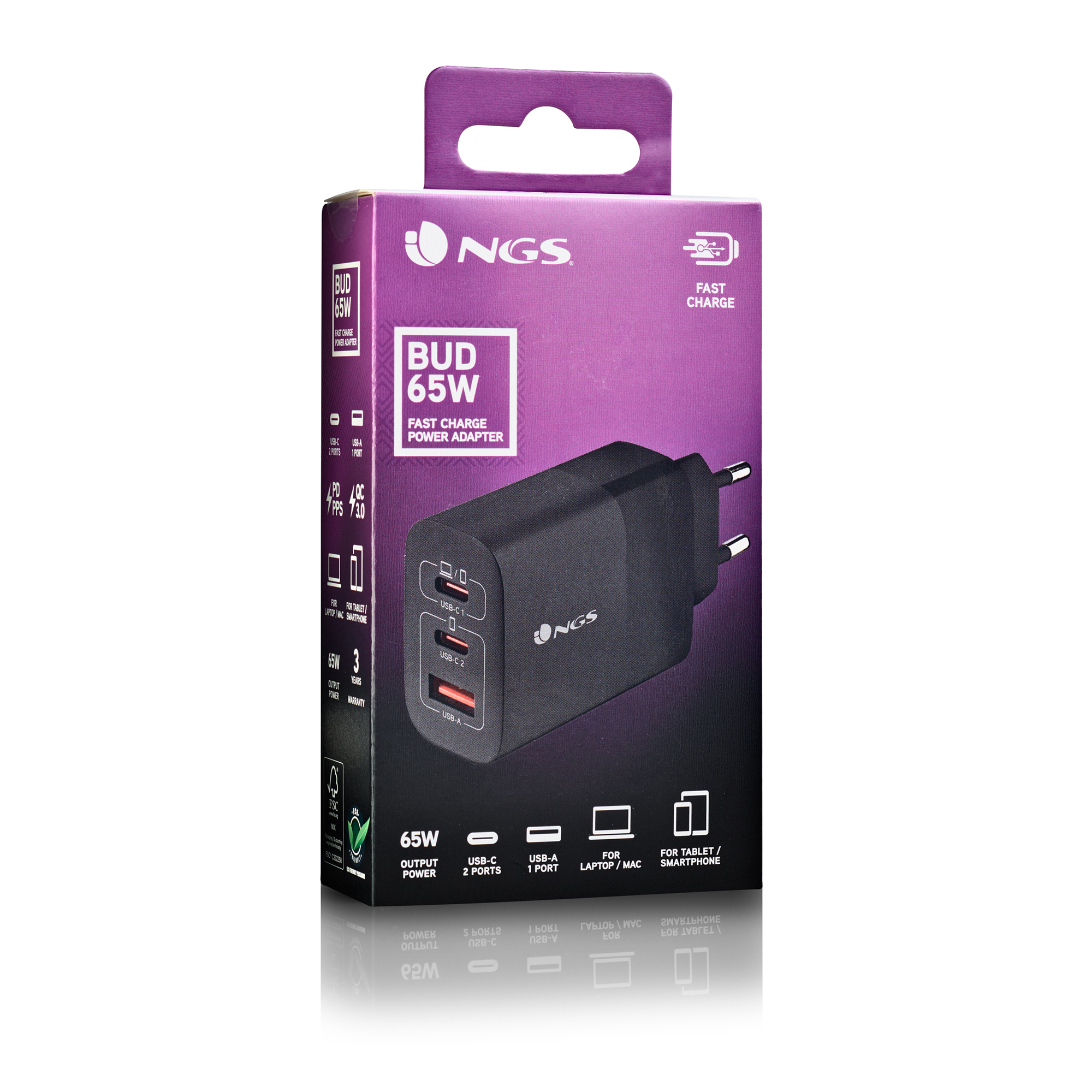 Una caja de adaptador de corriente negra con la marca NGS y el nombre del producto BUD 65W. Cuenta con puertos USB y carga rápida.