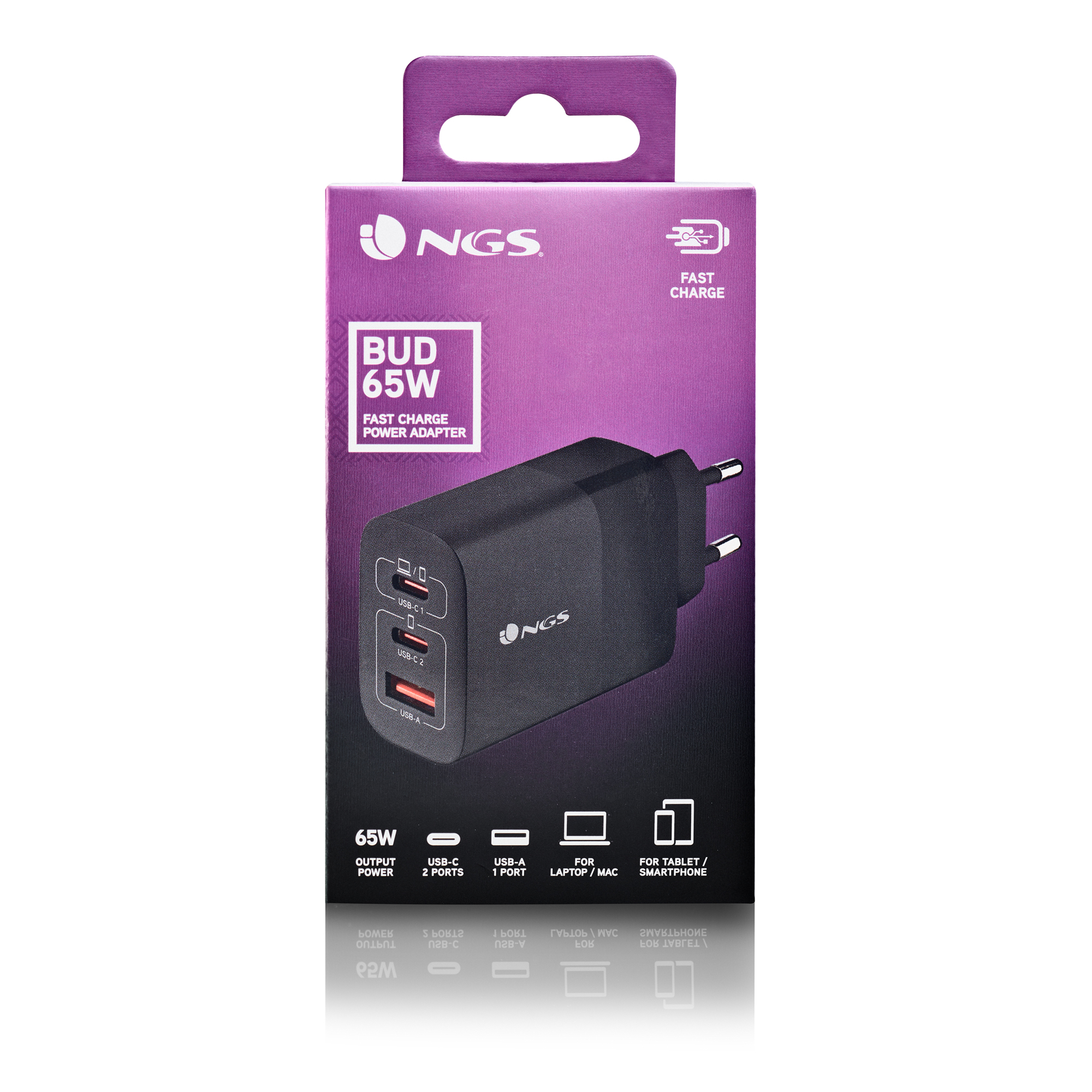 Adaptador de corriente de carga rápida NGS Bud 65W negro en caja. Tiene puertos USB-C y USB-A. Caja morada con texto blanco.