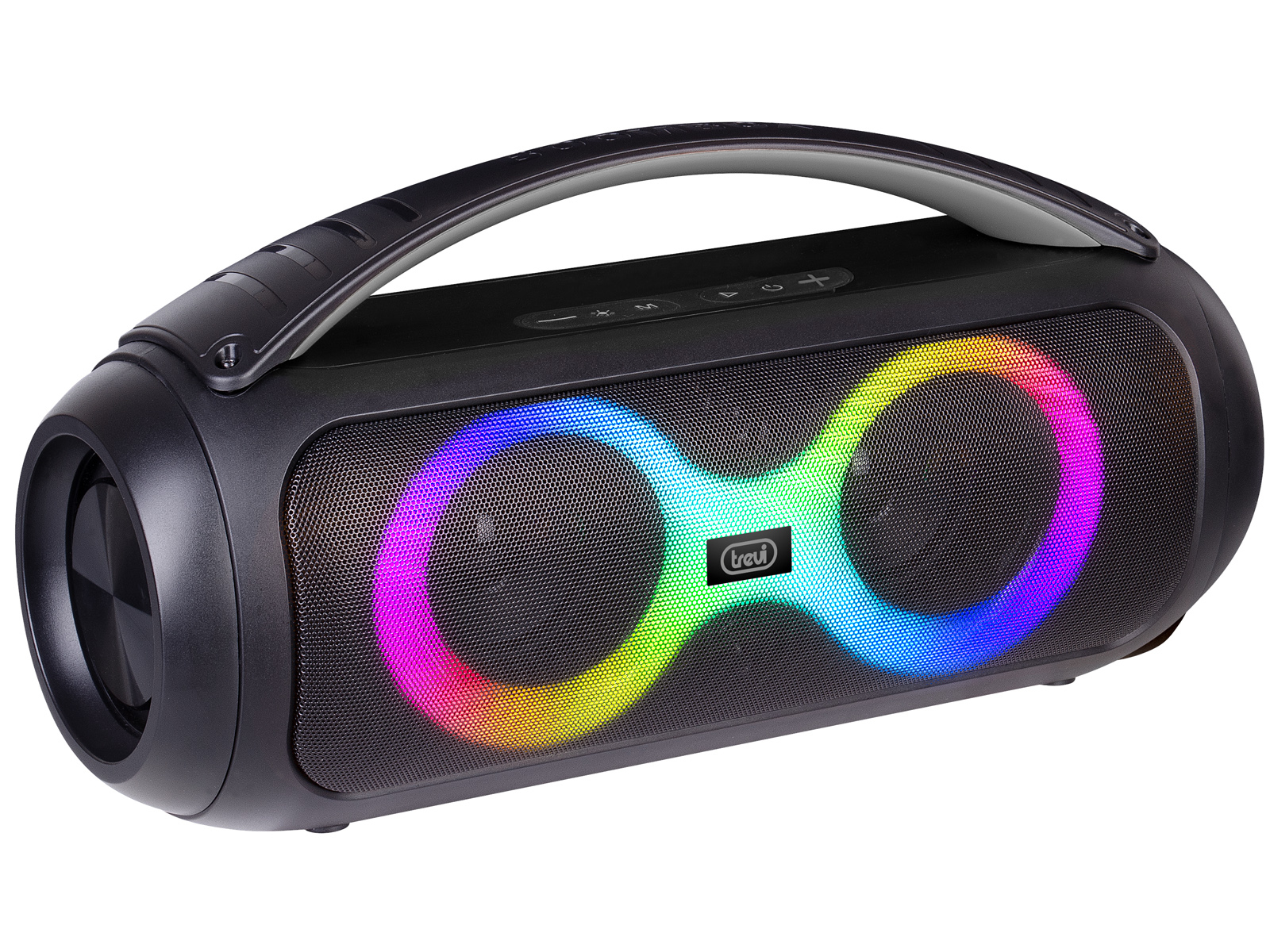 Czarny głośnik Bluetooth Trevi z uchwytem. Głośnik ma kolorowe światła w kształcie nieskończoności z przodu.
