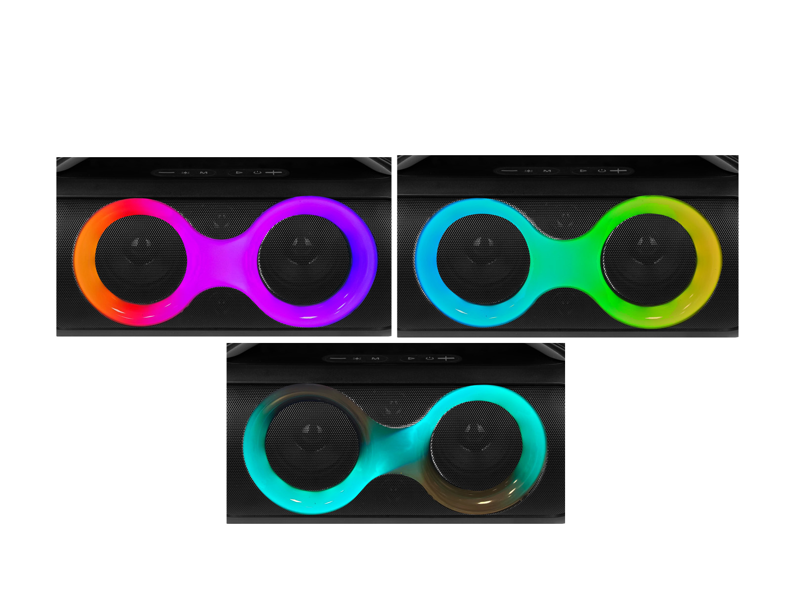 Trzy głośniki ze światłami w kształcie nieskończoności w wielu kolorach: tęczy, zielono-żółtym i niebiesko-brązowym, na białym tle.