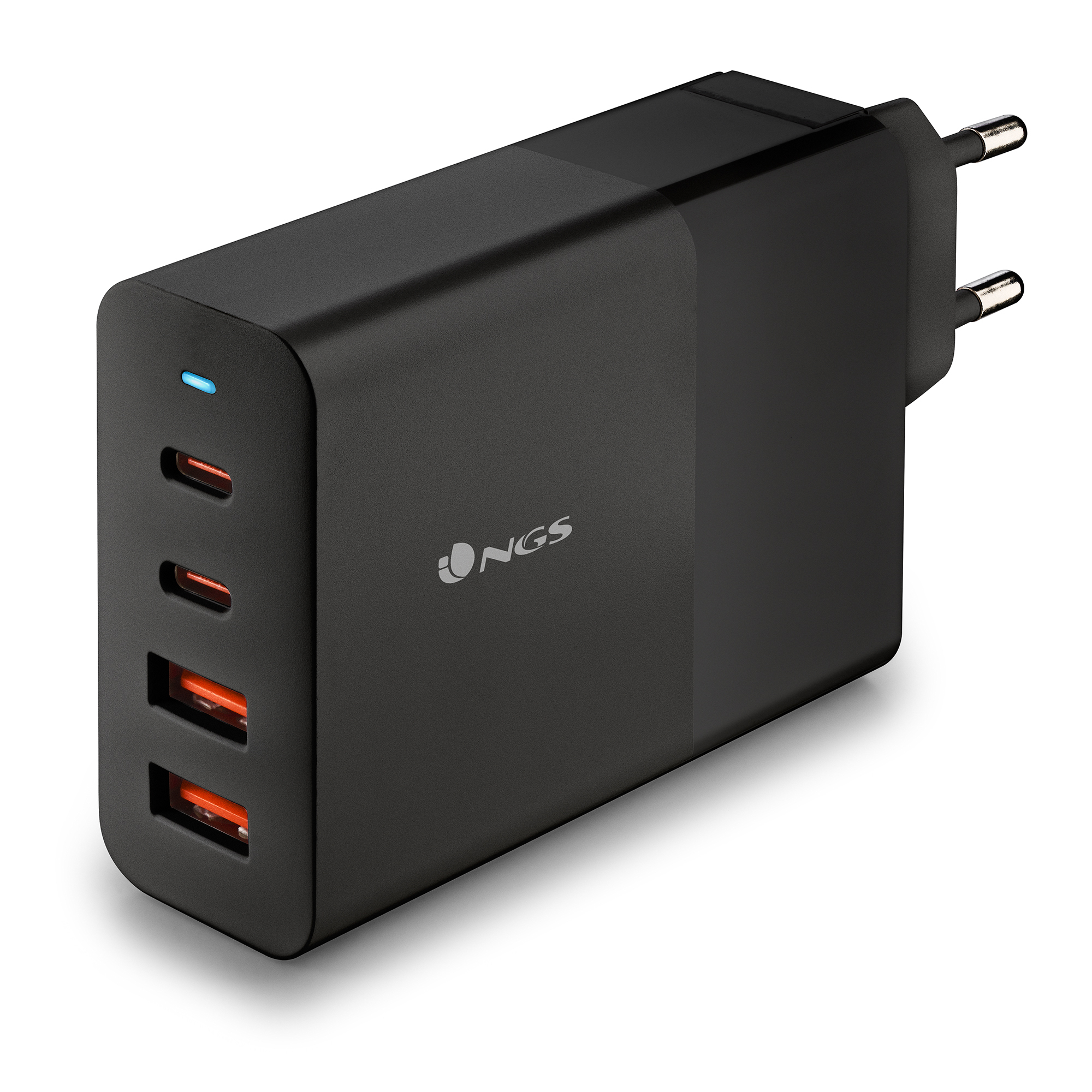 Cargador USB NGS negro con múltiples puertos, luz azul y enchufe europeo, sobre fondo blanco.