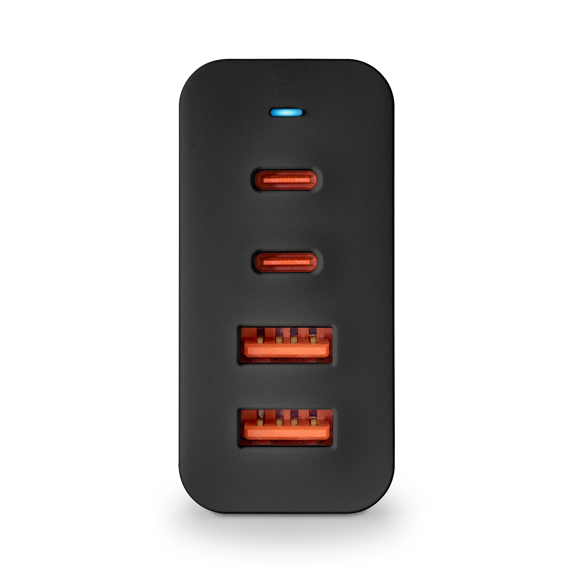 Cargador USB negro con tres puertos USB naranjas y una luz indicadora azul. Fondo blanco.