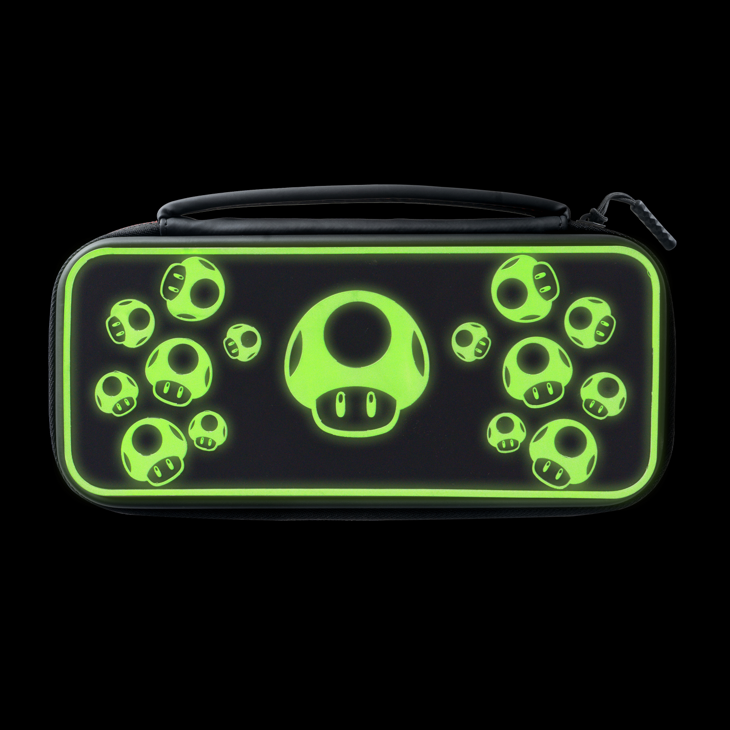 Eine schwarze Hülle mit einem neongrünen Pilzdesign. Sie hat einen Griff und einen Reißverschluss auf schwarzem Hintergrund.