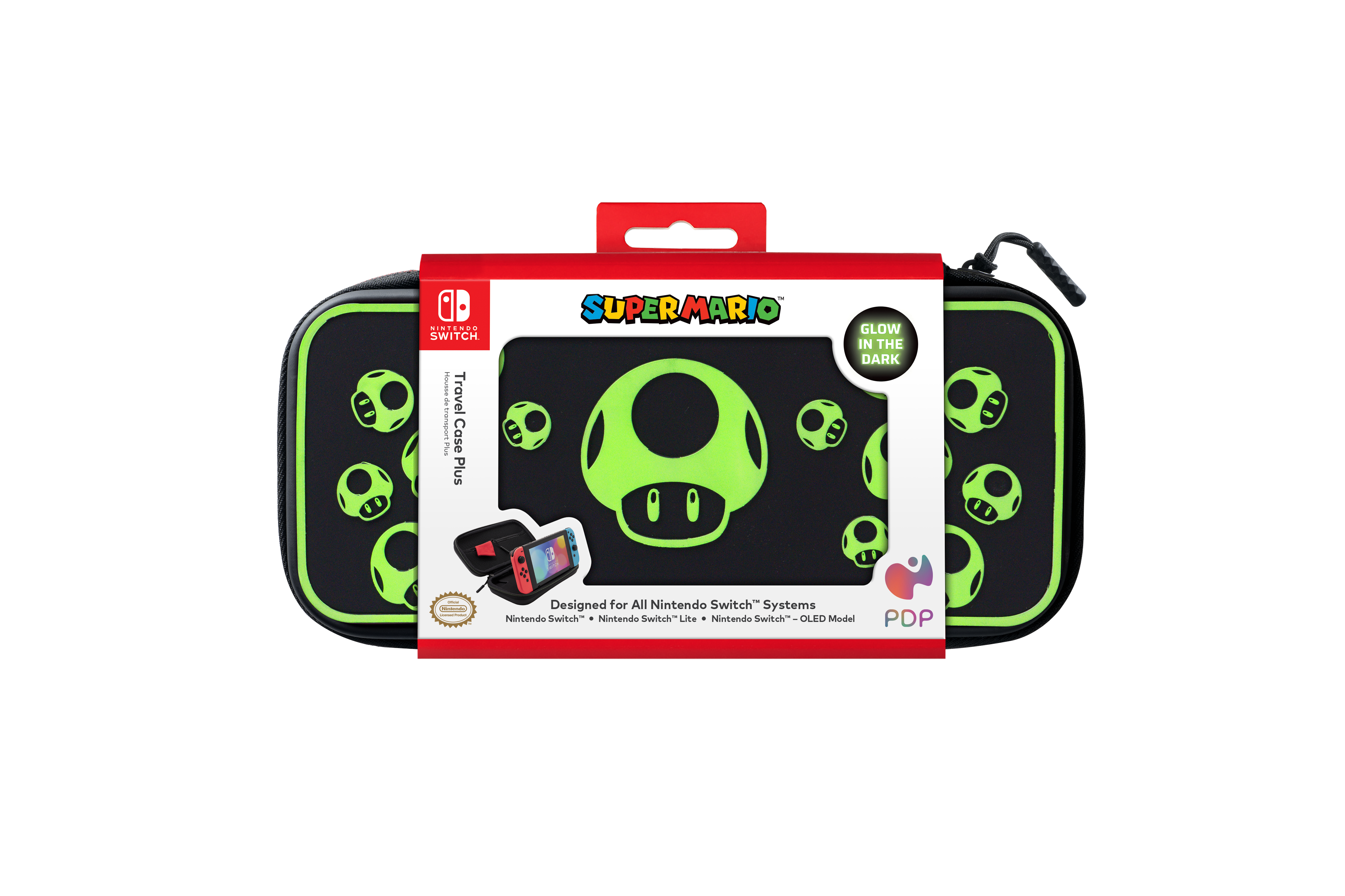 Eine schwarze Nintendo Switch-Reisetasche mit grünen Pilzdesigns. Sie hat einen roten Griff und Super Mario-Branding.