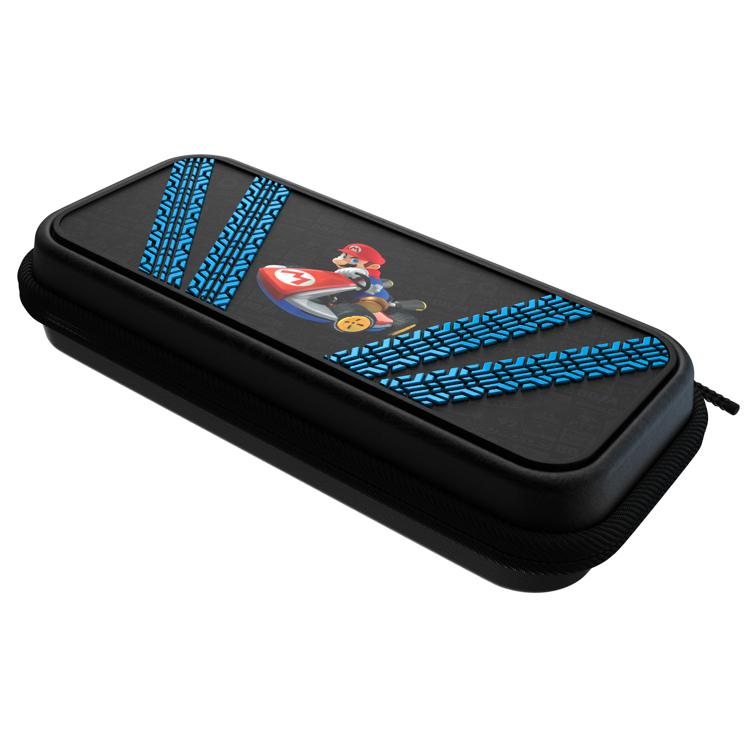 Czarne etui z Mario na gokarcie, niebieskie ślady opon i czarny zamek błyskawiczny.