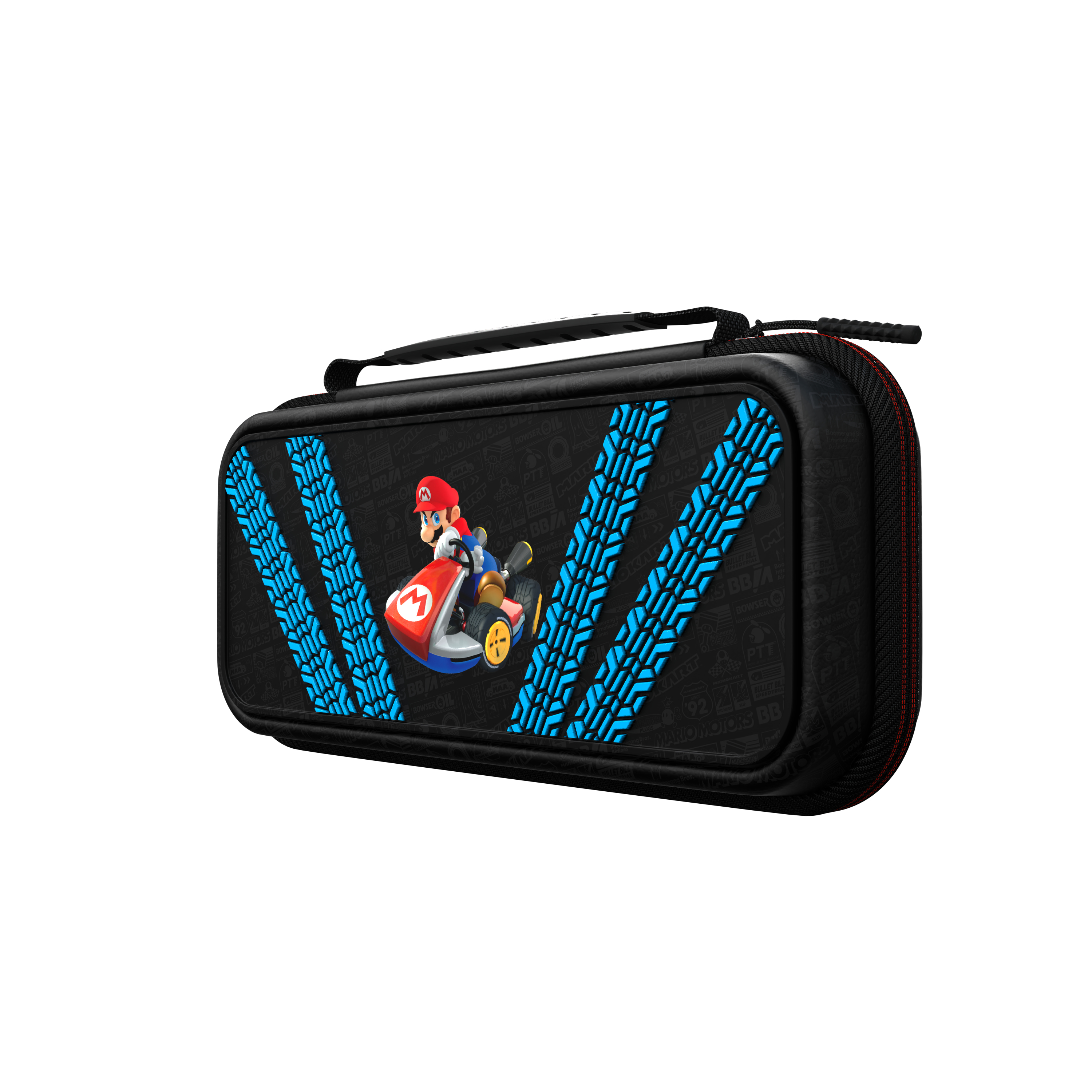 Czarne etui z Mario w gokarcie. Niebieskie ślady opon z przodu. Czerwony i czarny zamek błyskawiczny i uchwyt.