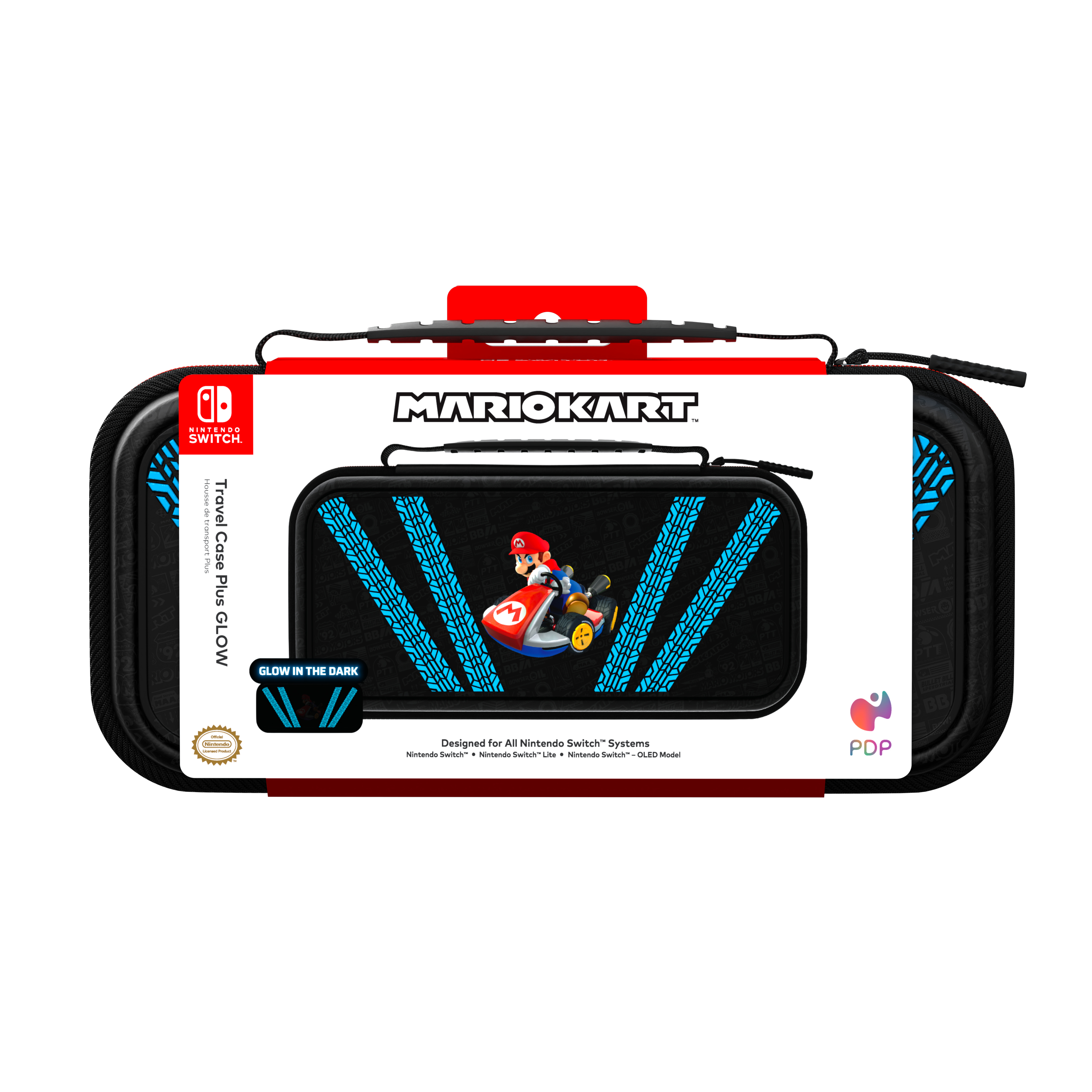 Czarny pokrowiec podróżny na Nintendo Switch z marką Mario Kart i Mario prowadzącym gokarta.