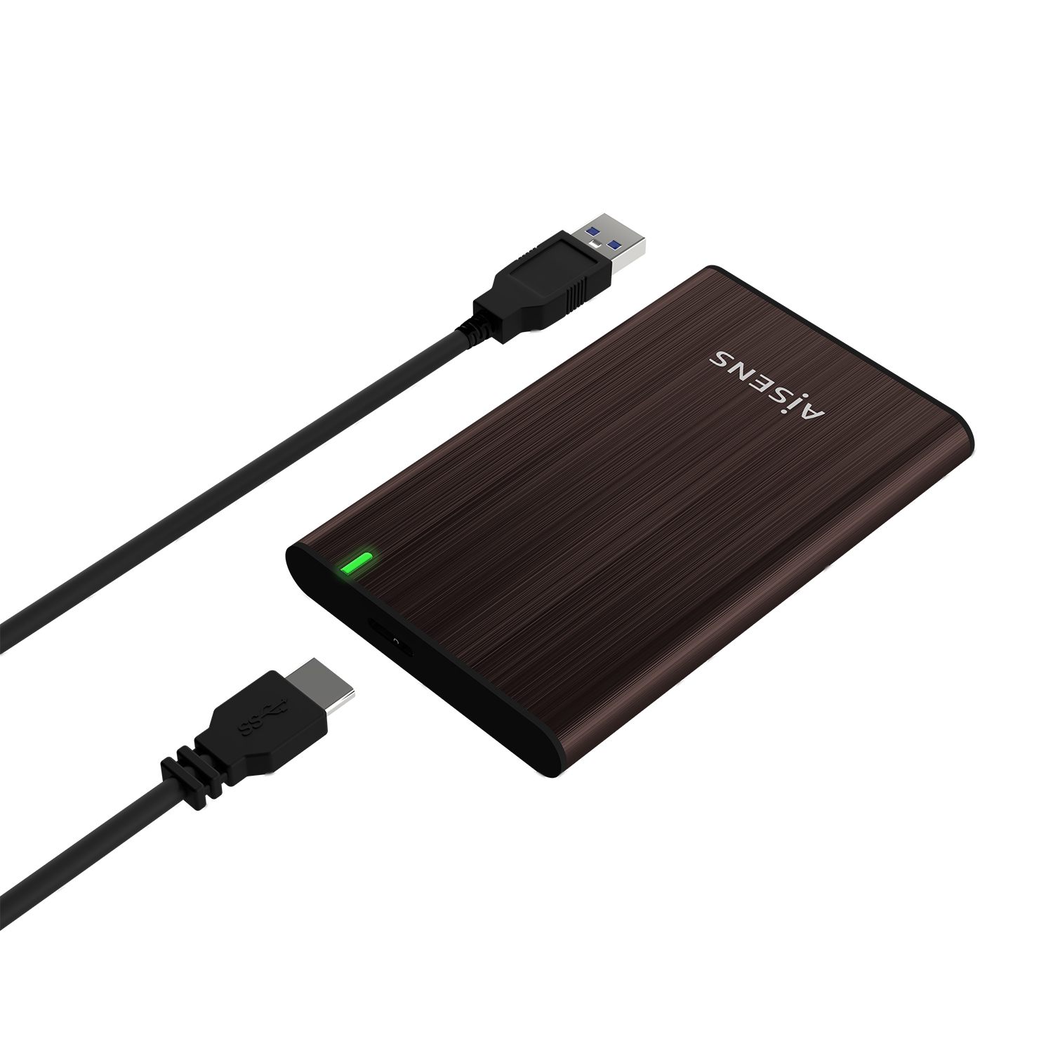 Un disco duro externo marrón con dos cables USB negros. El disco tiene la palabra 'AISENS'.