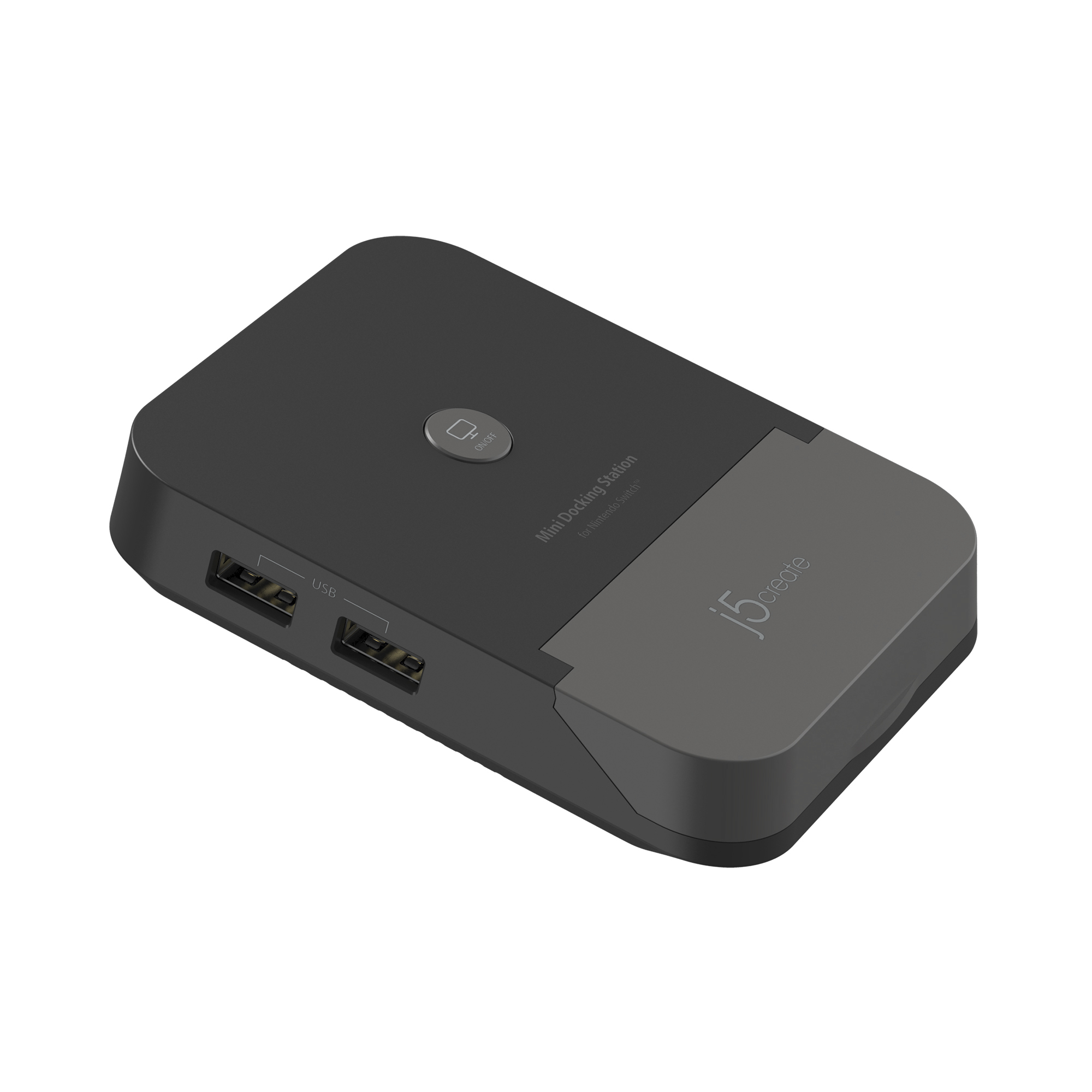 Eine schwarz-graue Dockingstation mit USB-Anschlüssen und einem Ein-/Ausschalter. Der Markenname ist sichtbar.