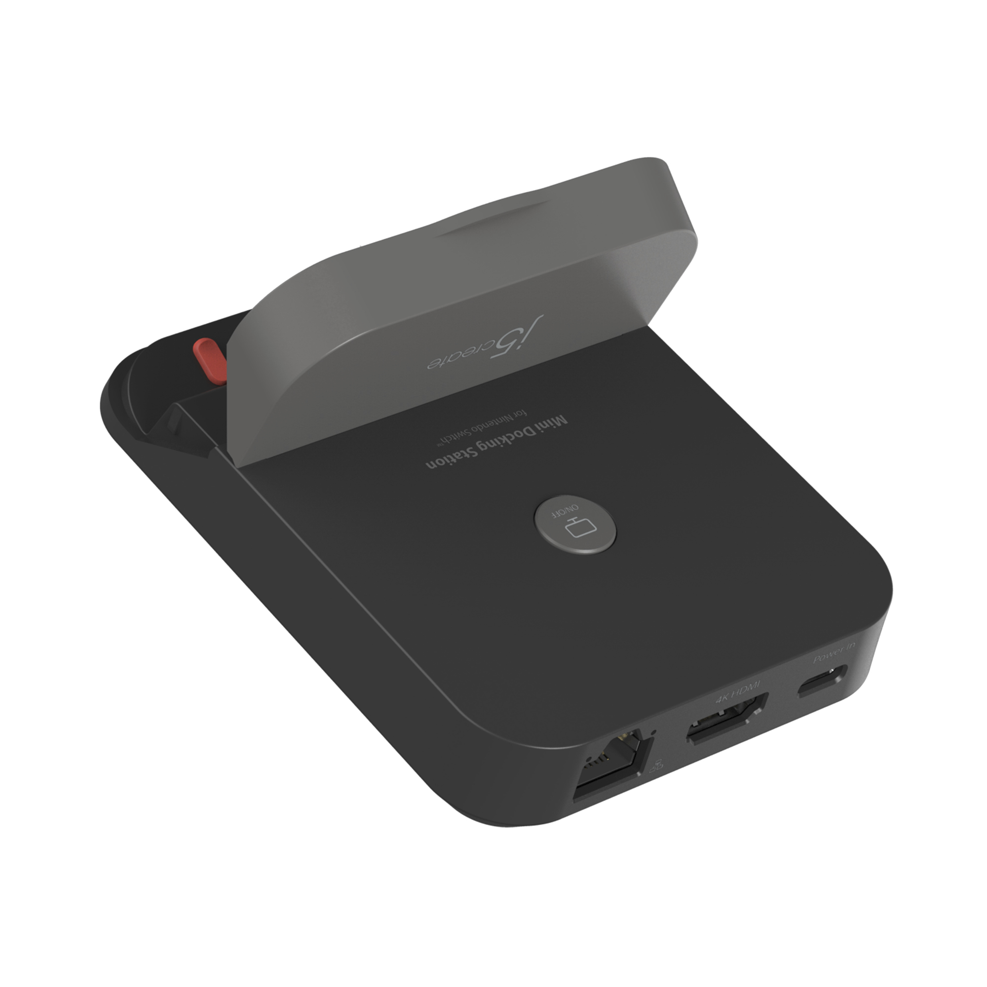 Eine schwarz-graue Nintendo Switch-Dockingstation. Sie hat eine offene Oberseite und einen roten Knopf. Die Marke ist sichtbar.