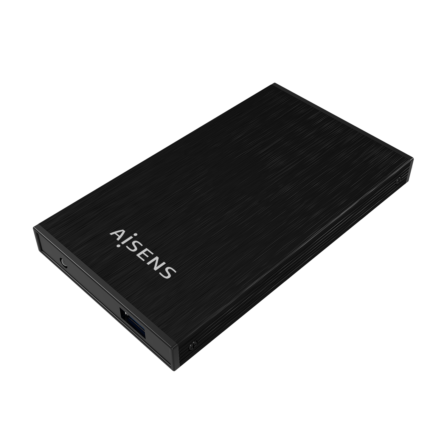 Un disco duro externo negro con la marca 'AiSENS' se coloca en ángulo sobre un fondo blanco. Tiene un puerto USB.