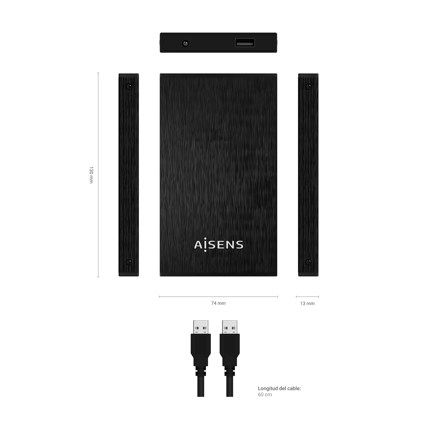 Disco duro externo negro con cable USB, dimensiones y nombre de la marca 'AiSens' sobre fondo blanco.