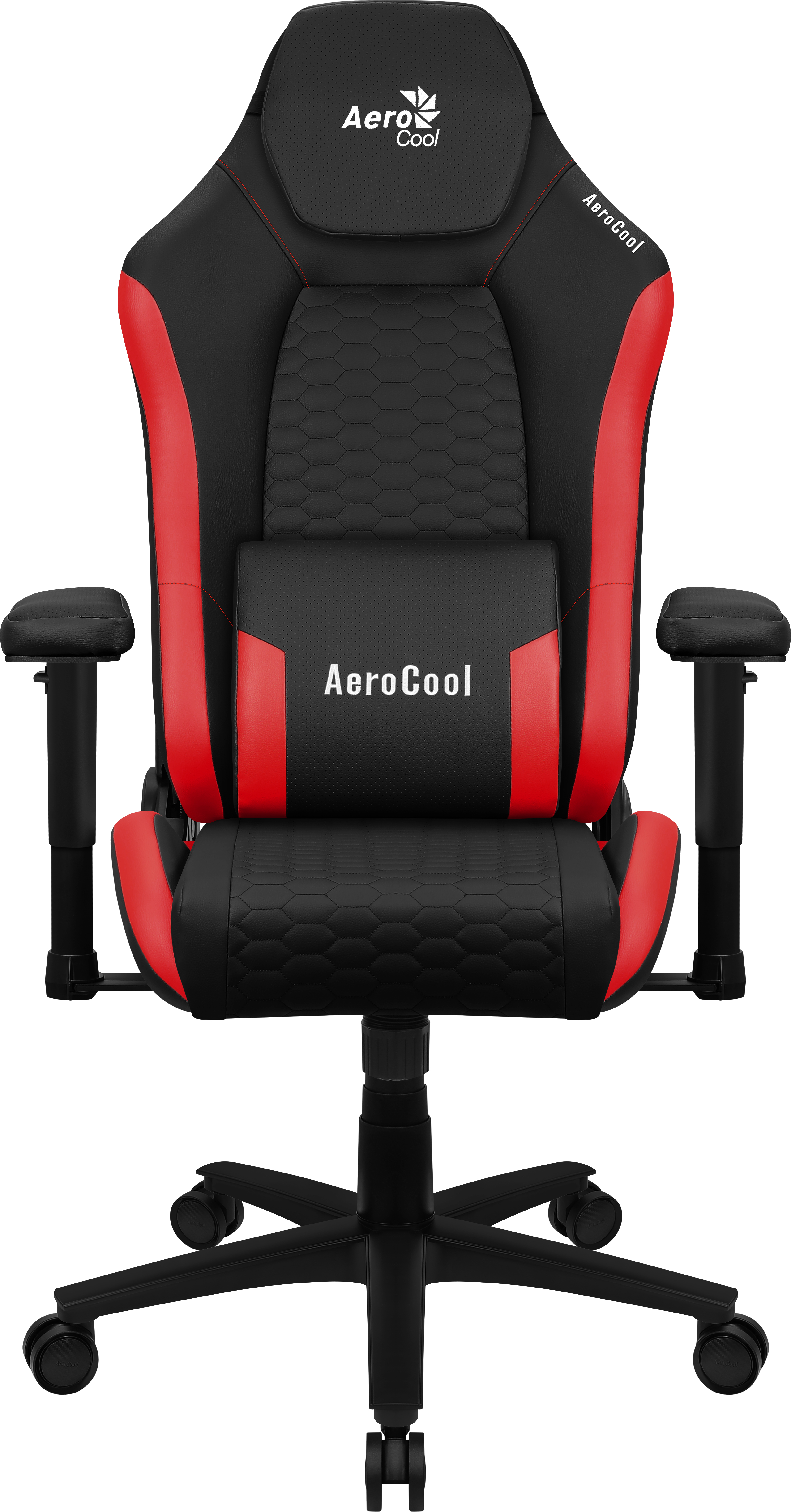 Silla gaming AeroCool. Diseño negro y rojo, con reposacabezas, reposabrazos y base de cinco ruedas. Logotipo visible.