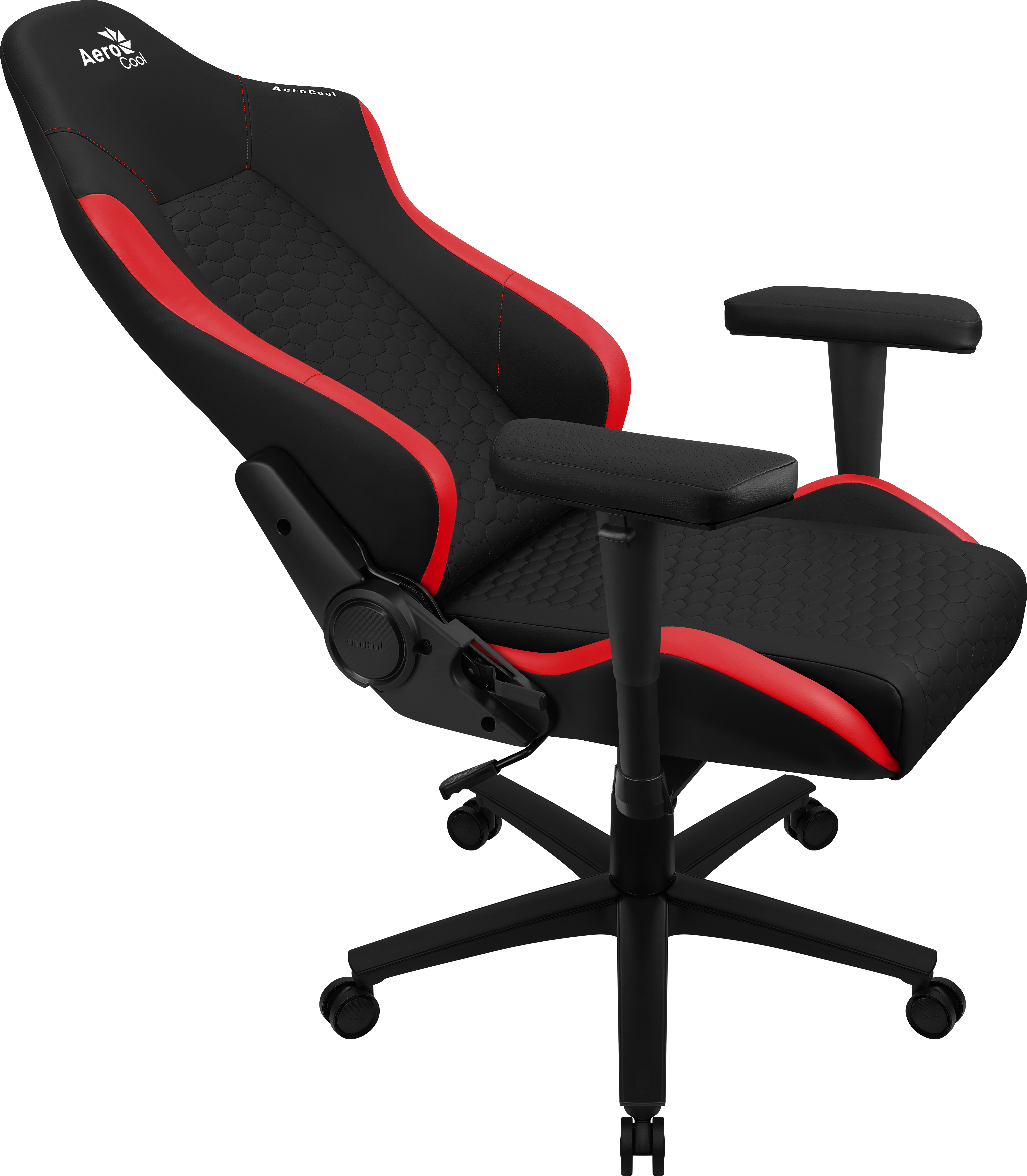 Silla gaming negra y roja. Tiene un patrón hexagonal. Reposabrazos y base son negros.
