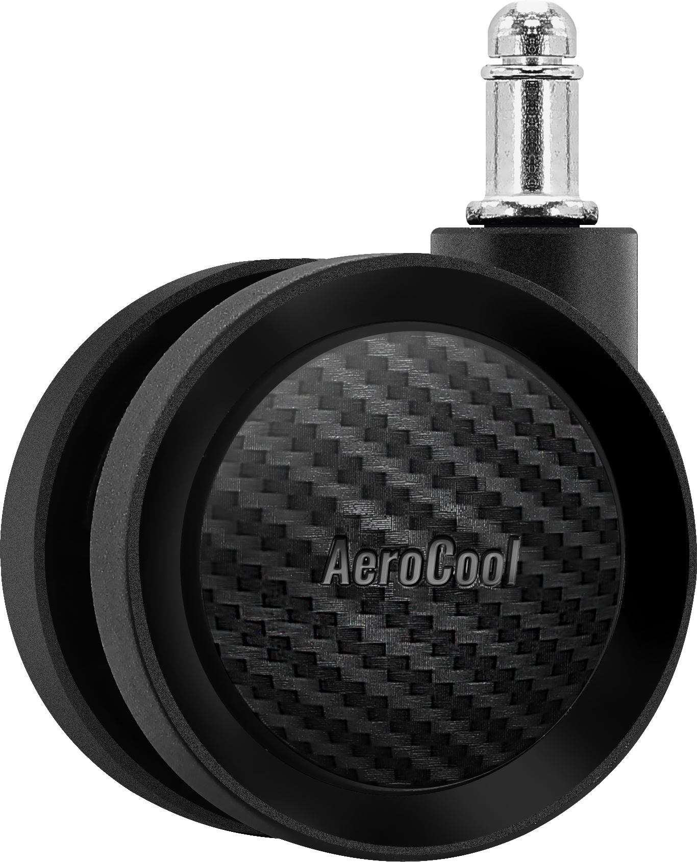 Zbliżenie czarnego kółka do krzesła z logo AeroCool. Zawiera dwa czarne kółka i srebrny metalowy słupek.