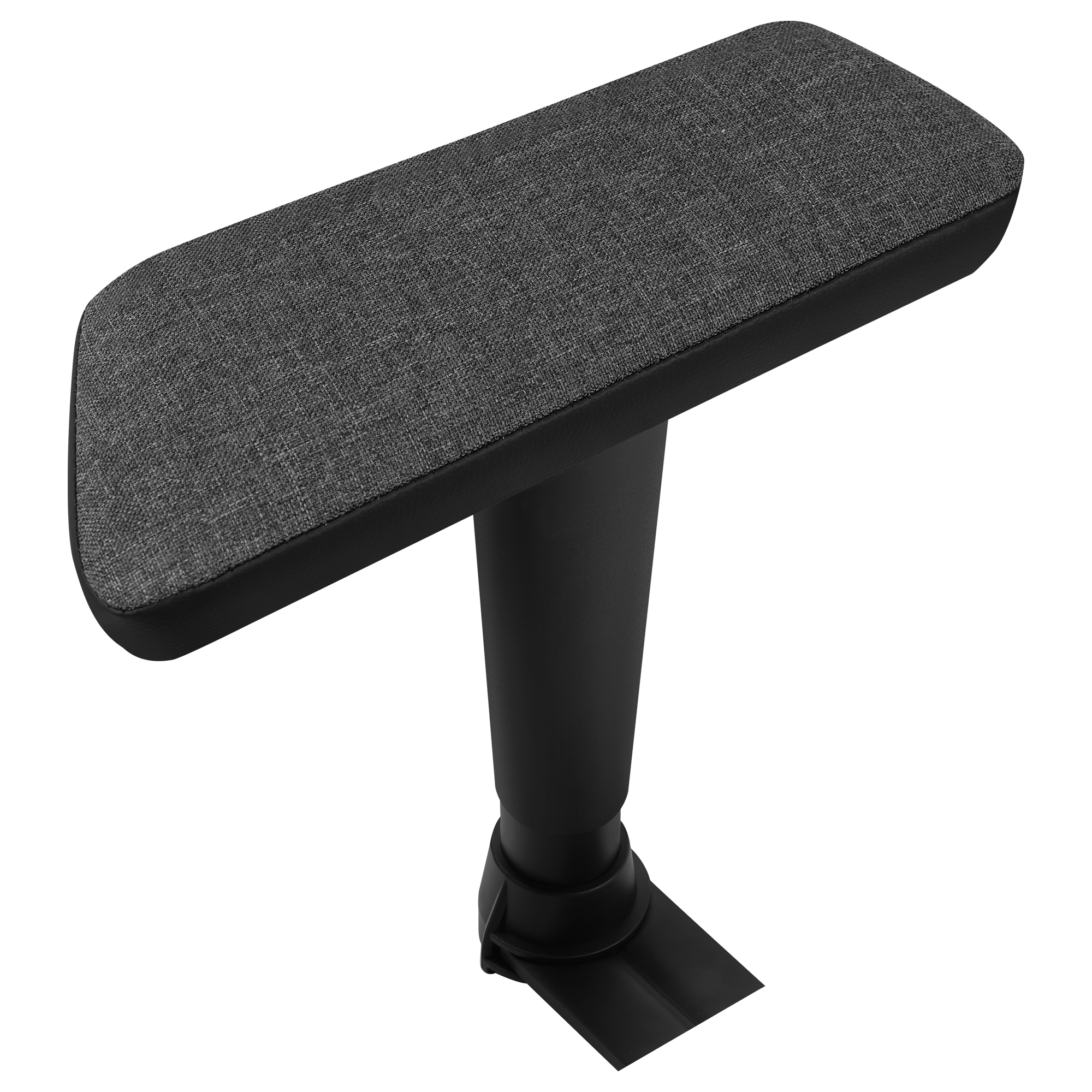 Un reposabrazos de silla de oficina. Tiene una almohadilla de tela gris y soporte negro.