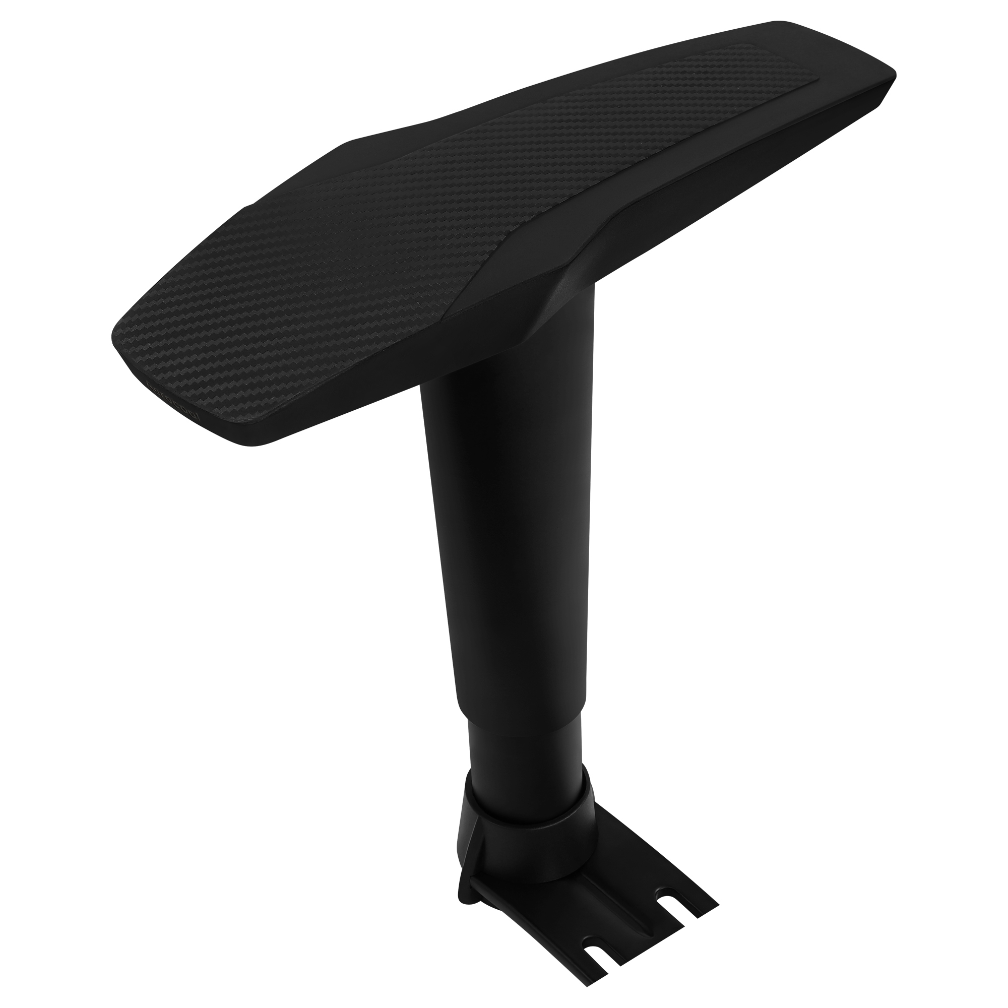 Apoyabrazos negro, textura de fibra de carbono en la parte superior, con soporte vertical y base. Aislado sobre fondo blanco.
