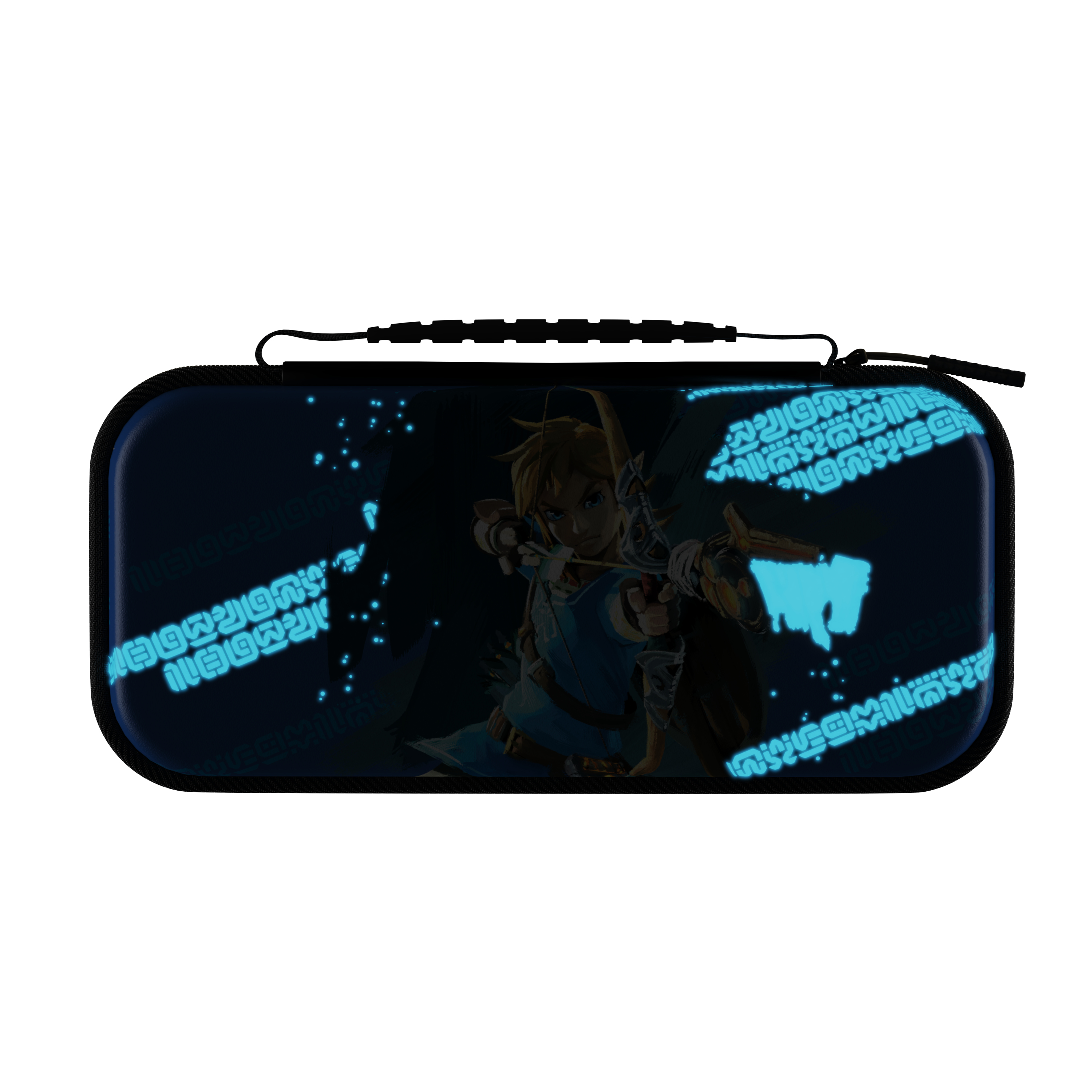 Una funda con Link de The Legend of Zelda, con un diseño azul y símbolos brillantes.