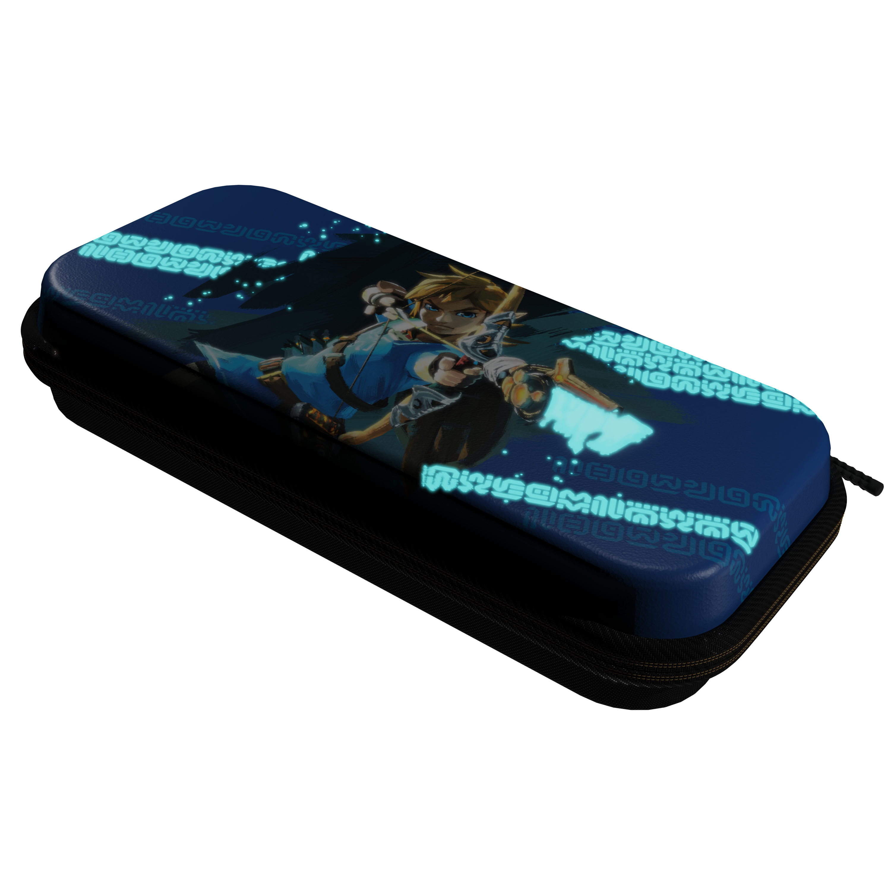 Un estuche para lápices con Link de Zelda. Es azul con una cremallera negra y tiene un diseño de Link con un arco.